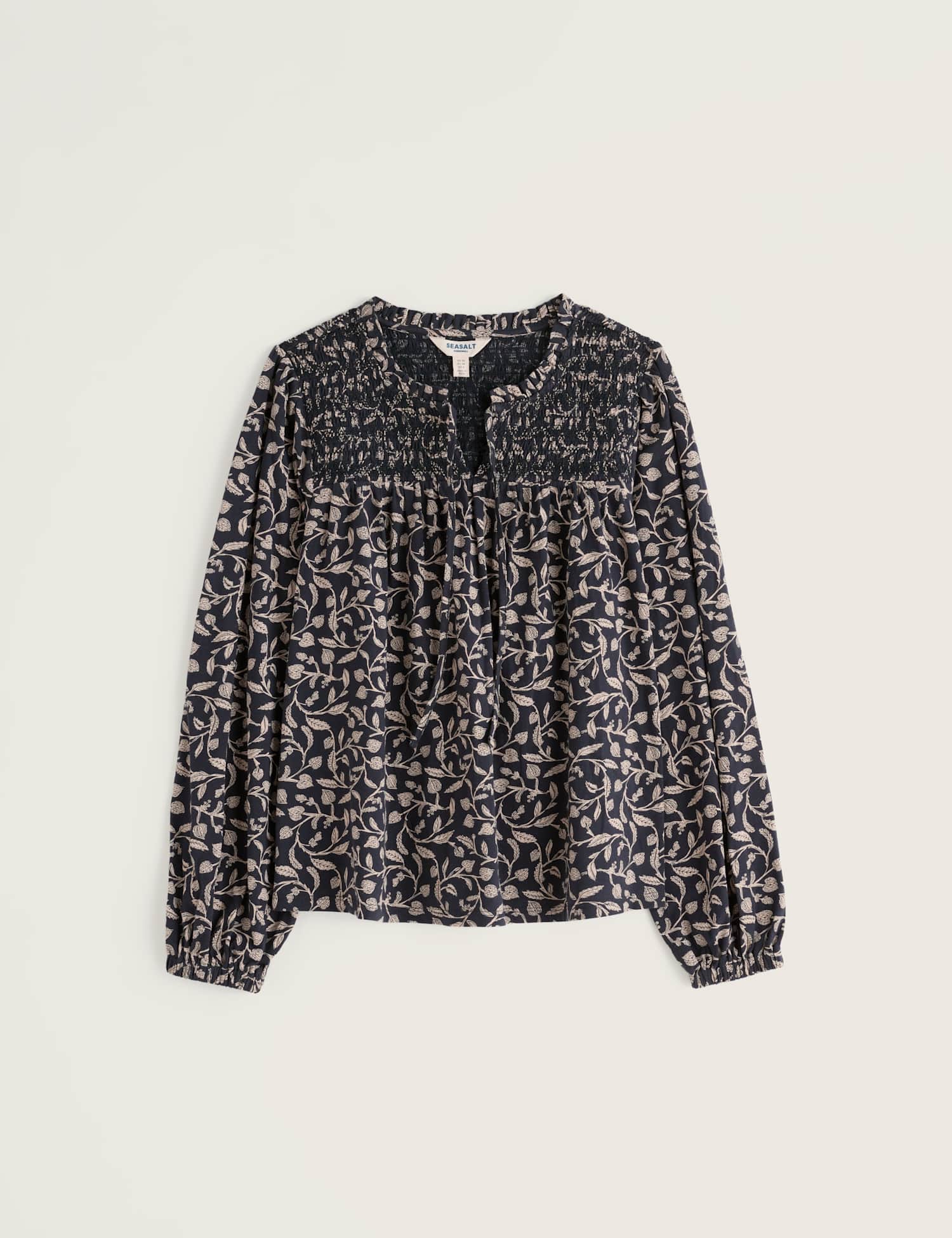 Seasalt Cornwall Pure Cotton Printed Notch Neck Long Sleeve Relaxed Fit Blouse Navy Mix