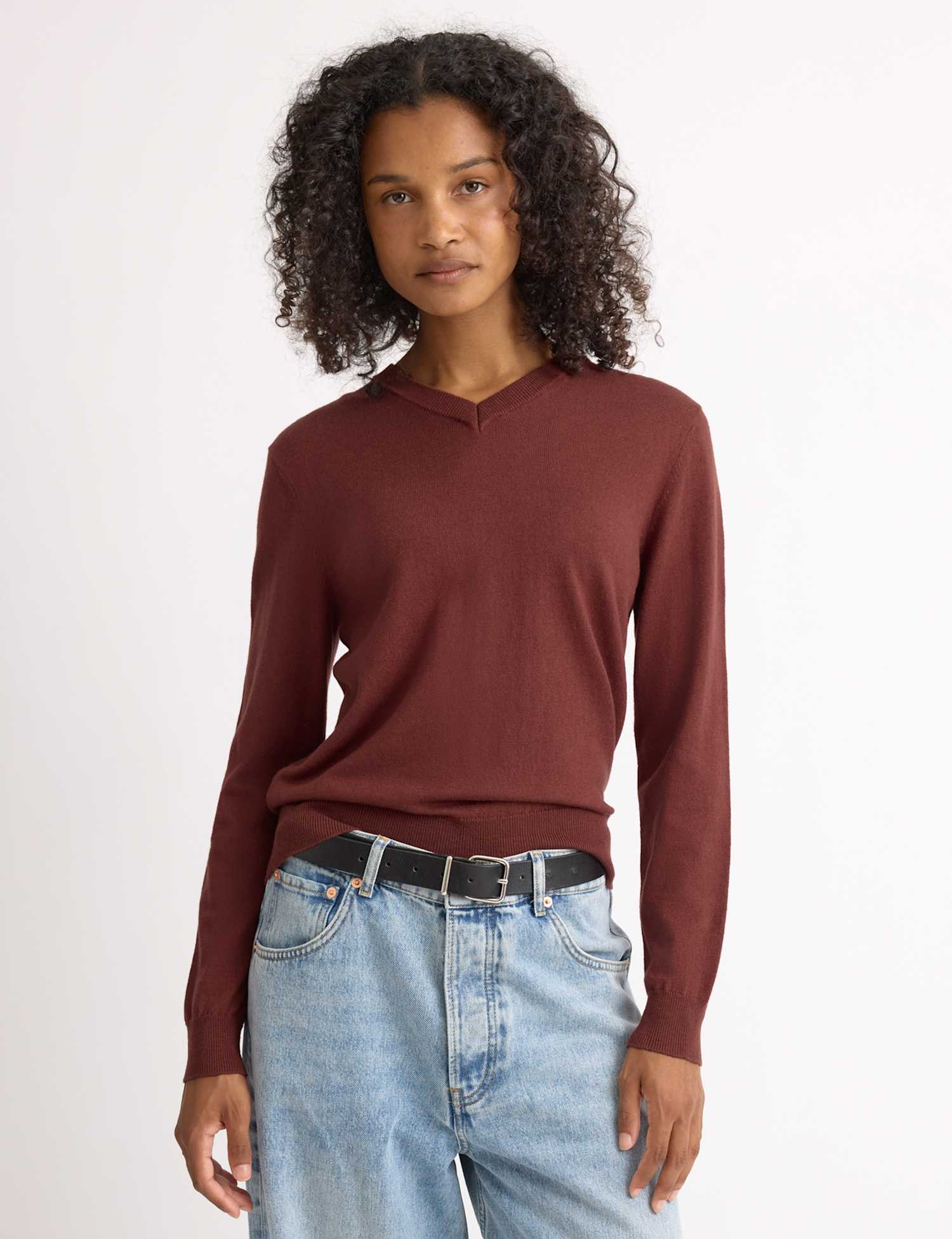 Albaray Cotton Blend V-Neck Jumper with Wool Medium Brown