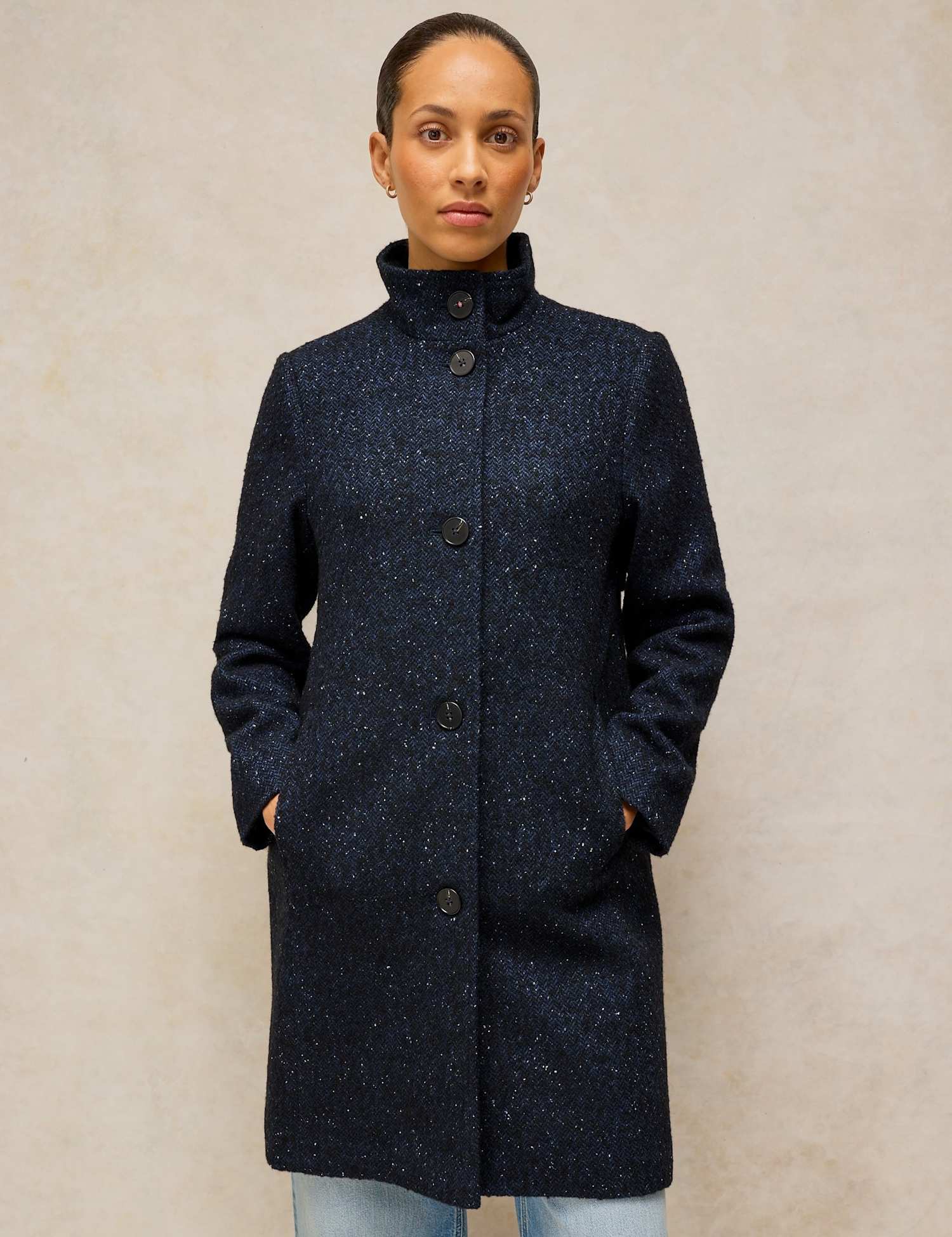 White Stuff Kaia Tweed Funnel Neck Overcoat with Wool Navy Mix