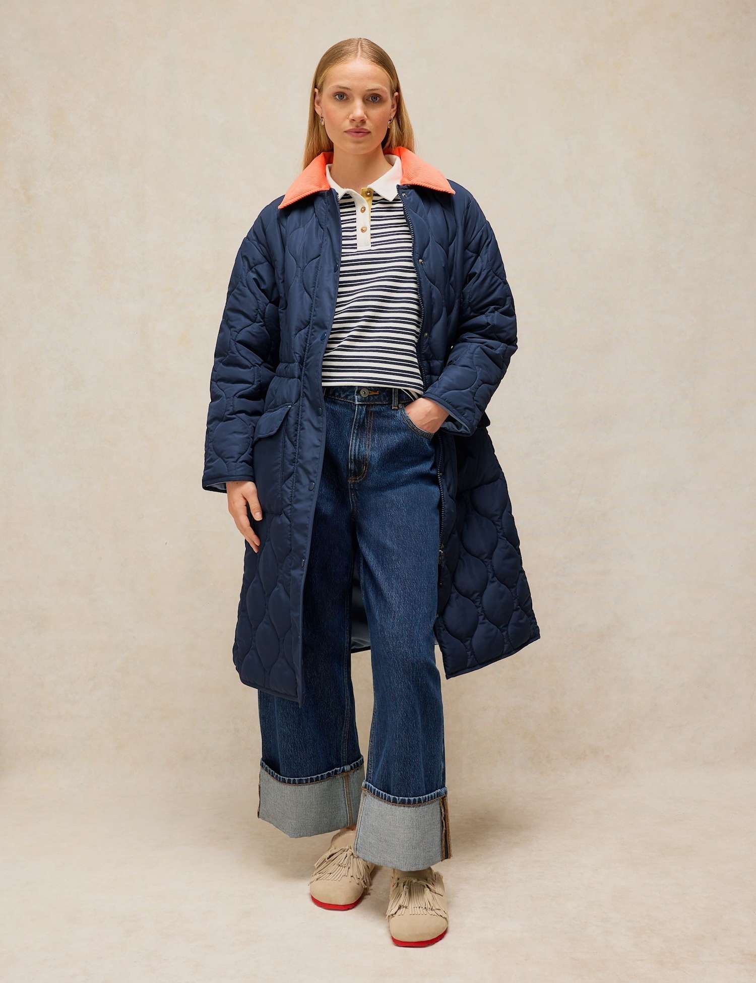 White Stuff Waverley Quilted Collared Longline Puffer Coat Dark Navy