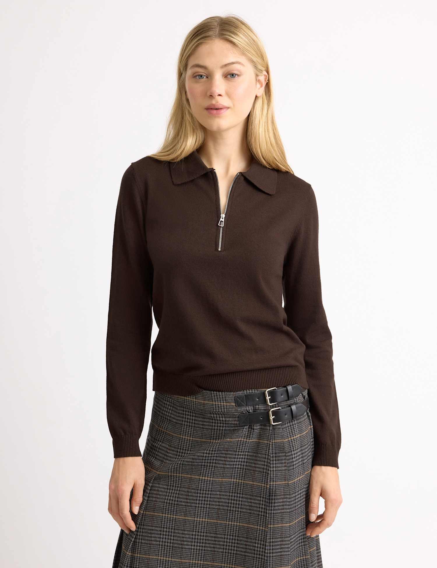 Albaray Cotton Blend Collared Half Zip Jumper Brown