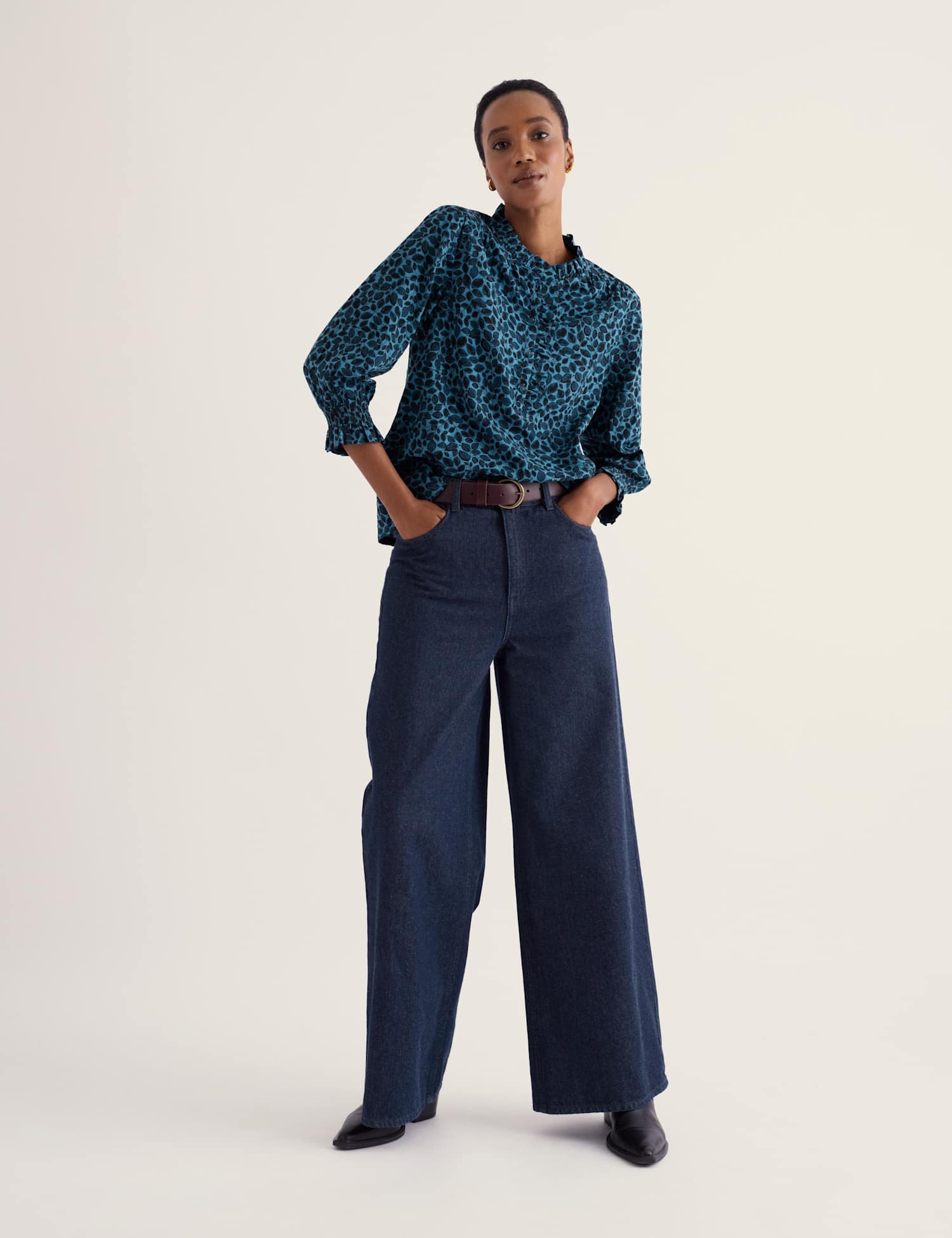 Seasalt Cornwall Cotton Rich Printed High Neck Relaxed Frill Detail Top Blue Mix
