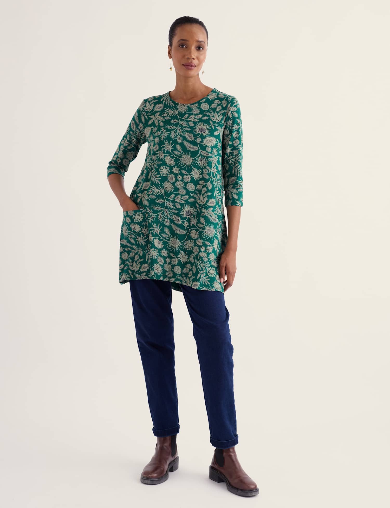 Seasalt Cornwall Printed Round Neck 3 Quarter Sleeve Relaxed Fit Tunic Green Mix