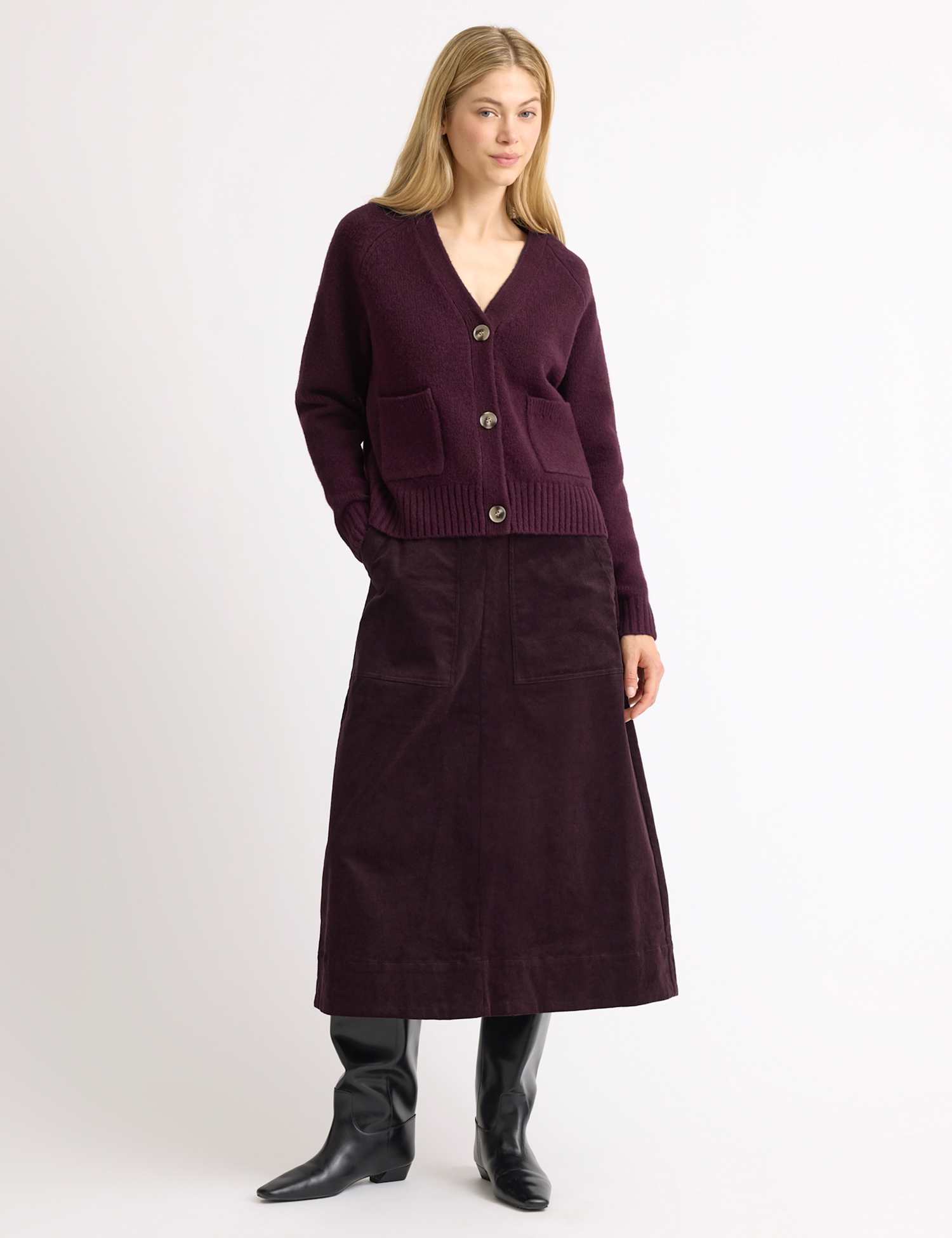 Albaray Cord Midi A-Line Skirt Burgundy