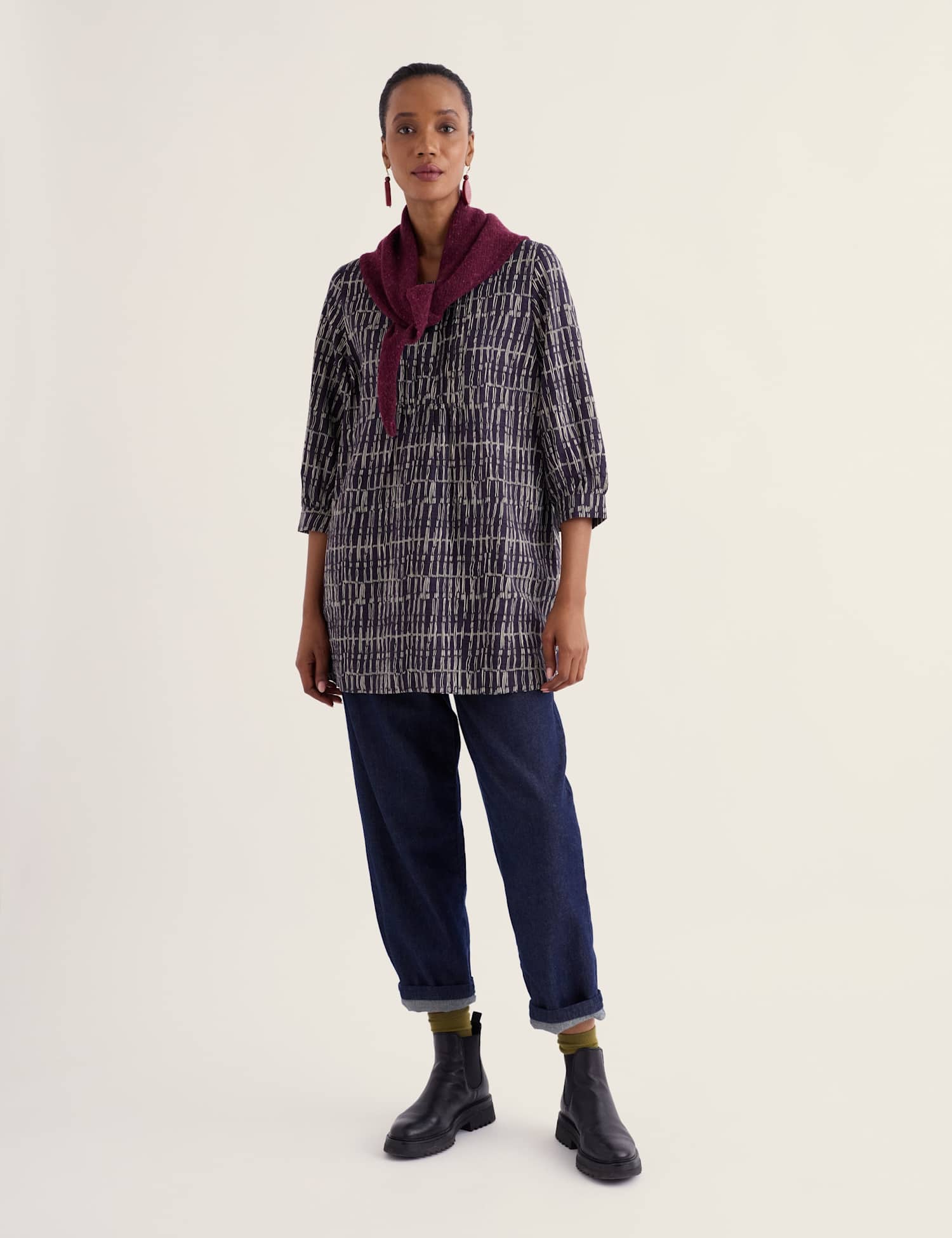 Seasalt Cornwall Printed Round Neck 3 Quarter Sleeve Relaxed Fit Tunic Navy Mix