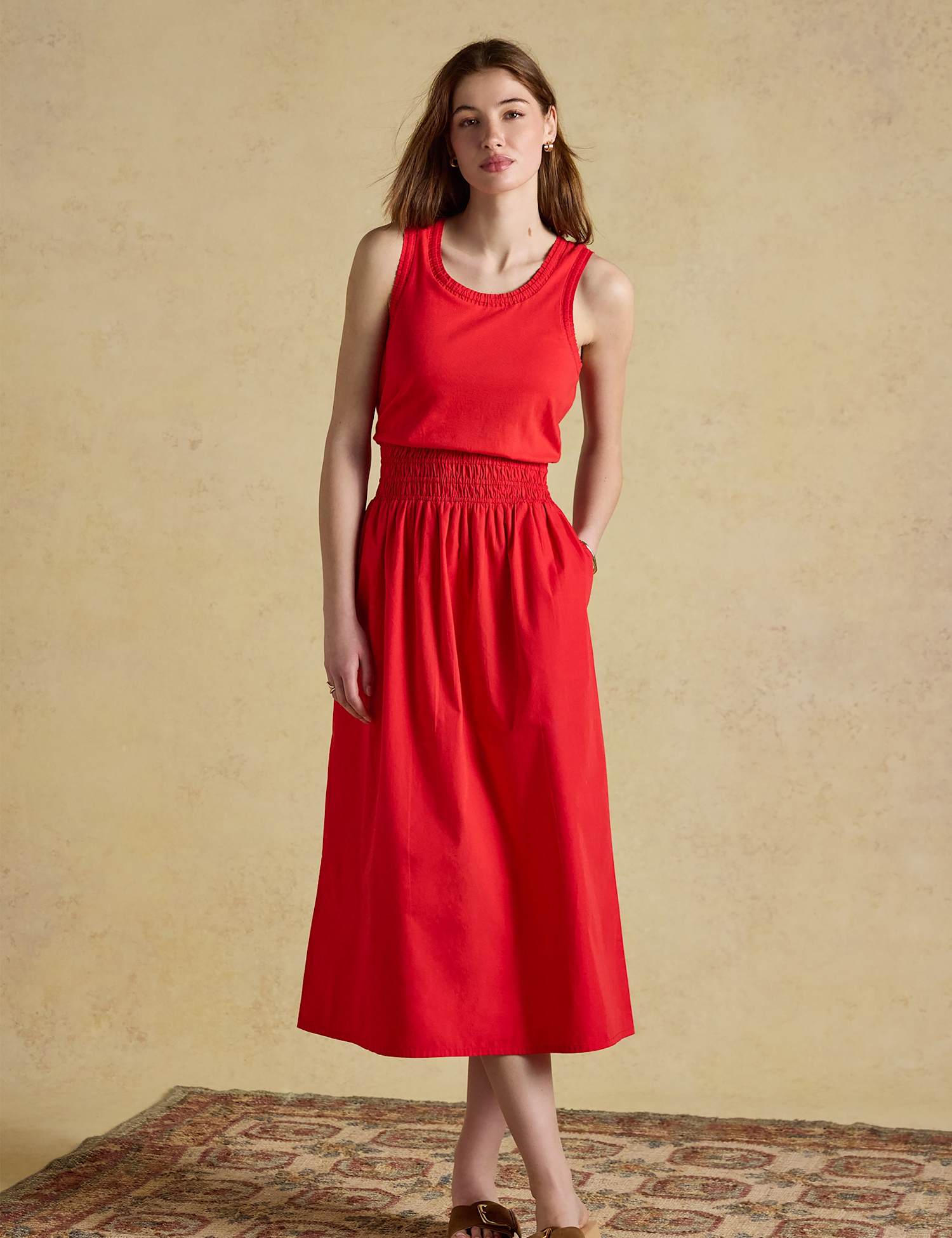 Joules Pure Cotton Midi Waisted Dress Red