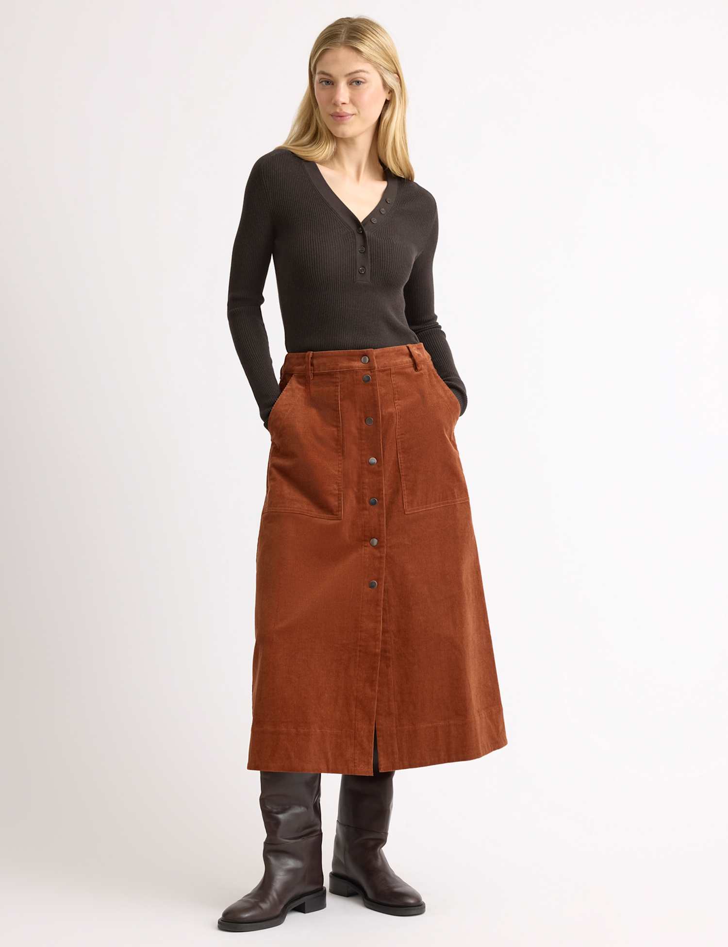Albaray Cord Button Front Midi A-Line Skirt Tan