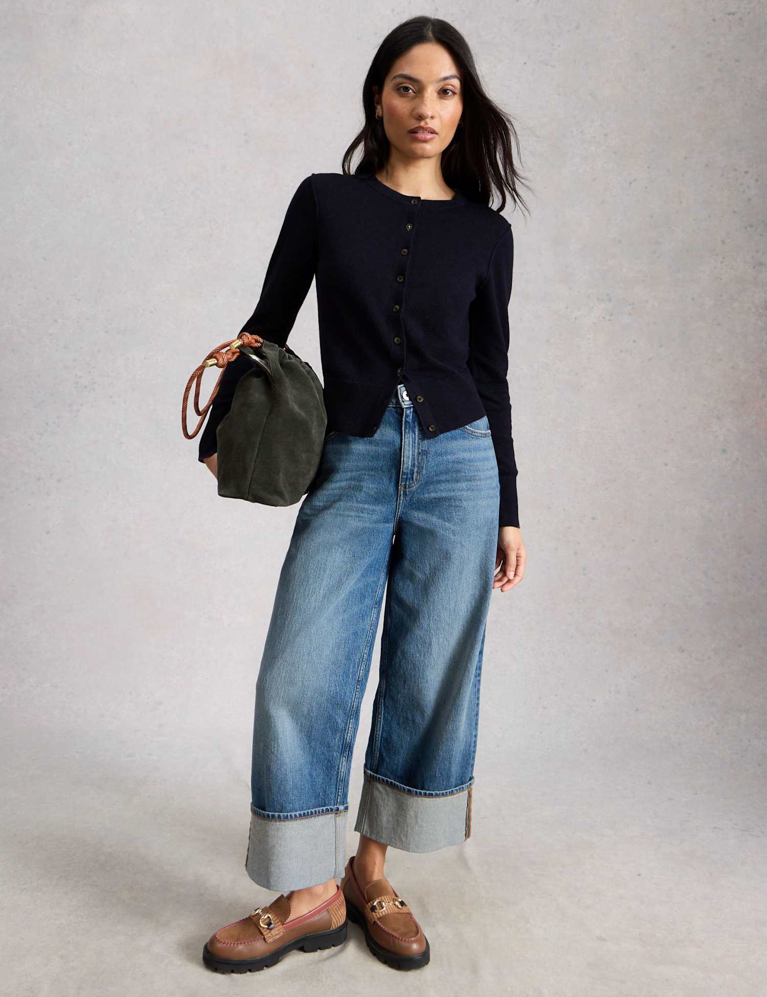White Stuff Pure Cotton Crew Neck Button Through Cardigan Navy