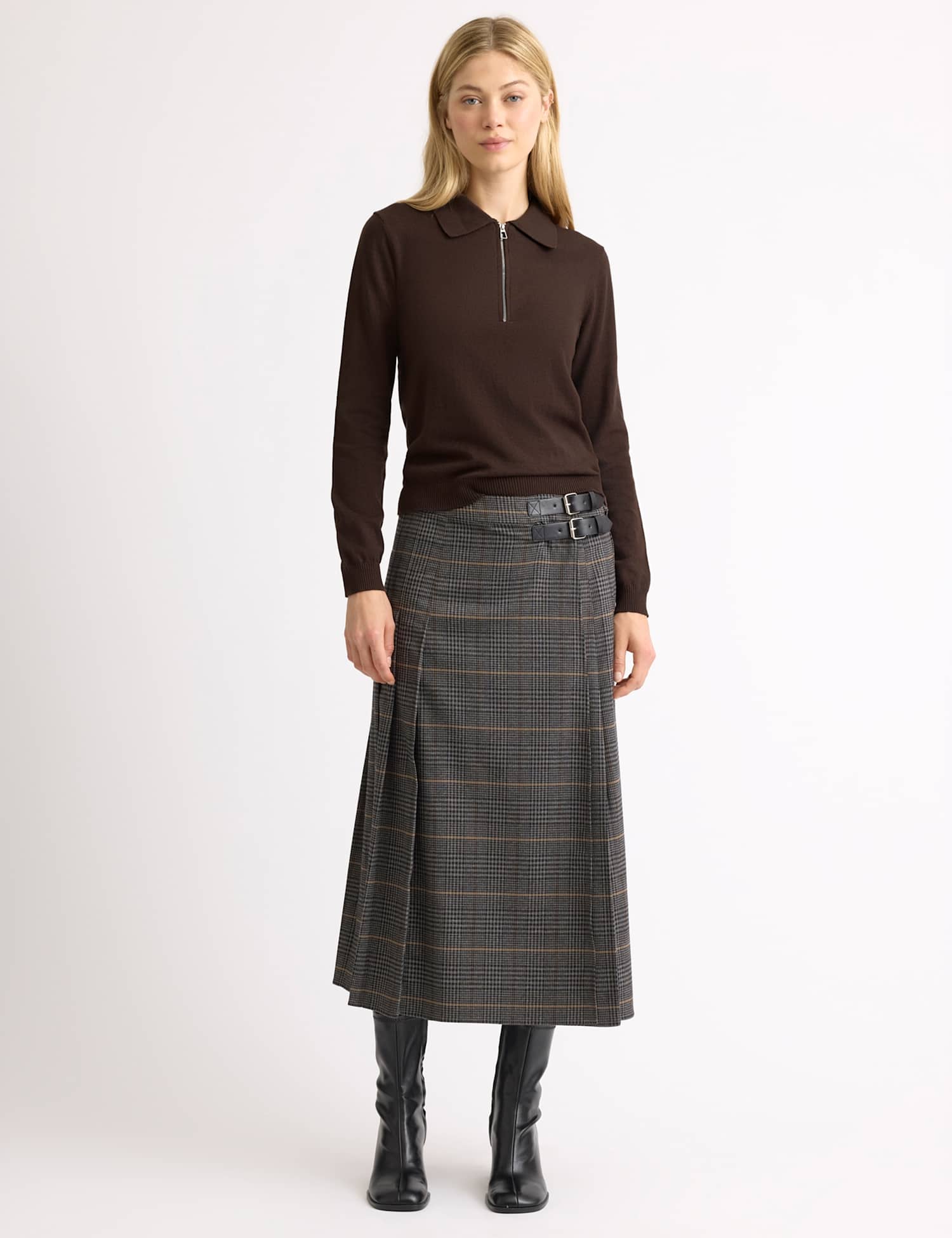 Albaray Checked Pleated Midi A-Line Skirt Grey Mix