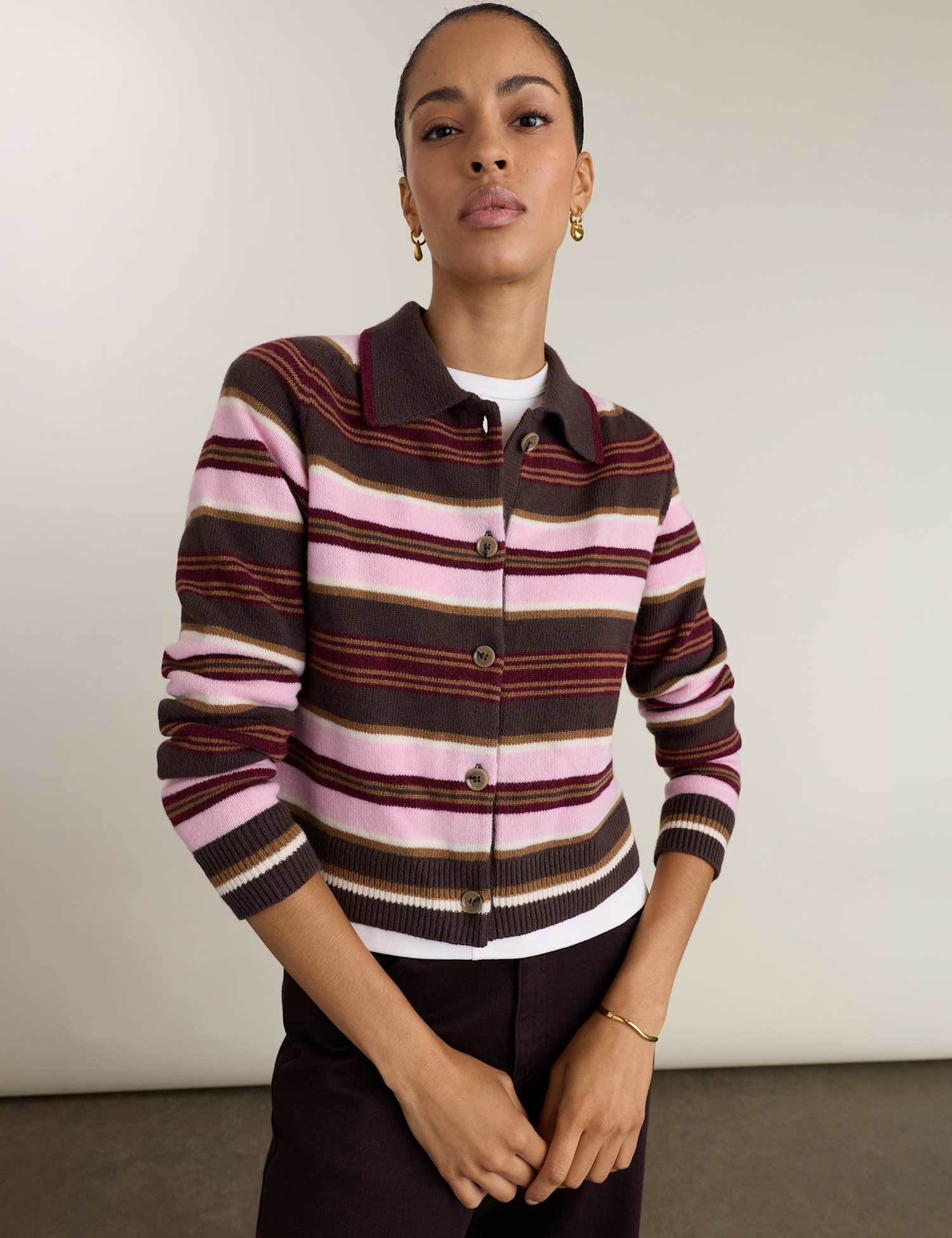 BAUKJEN Wool Rich Striped Cardigan Pink