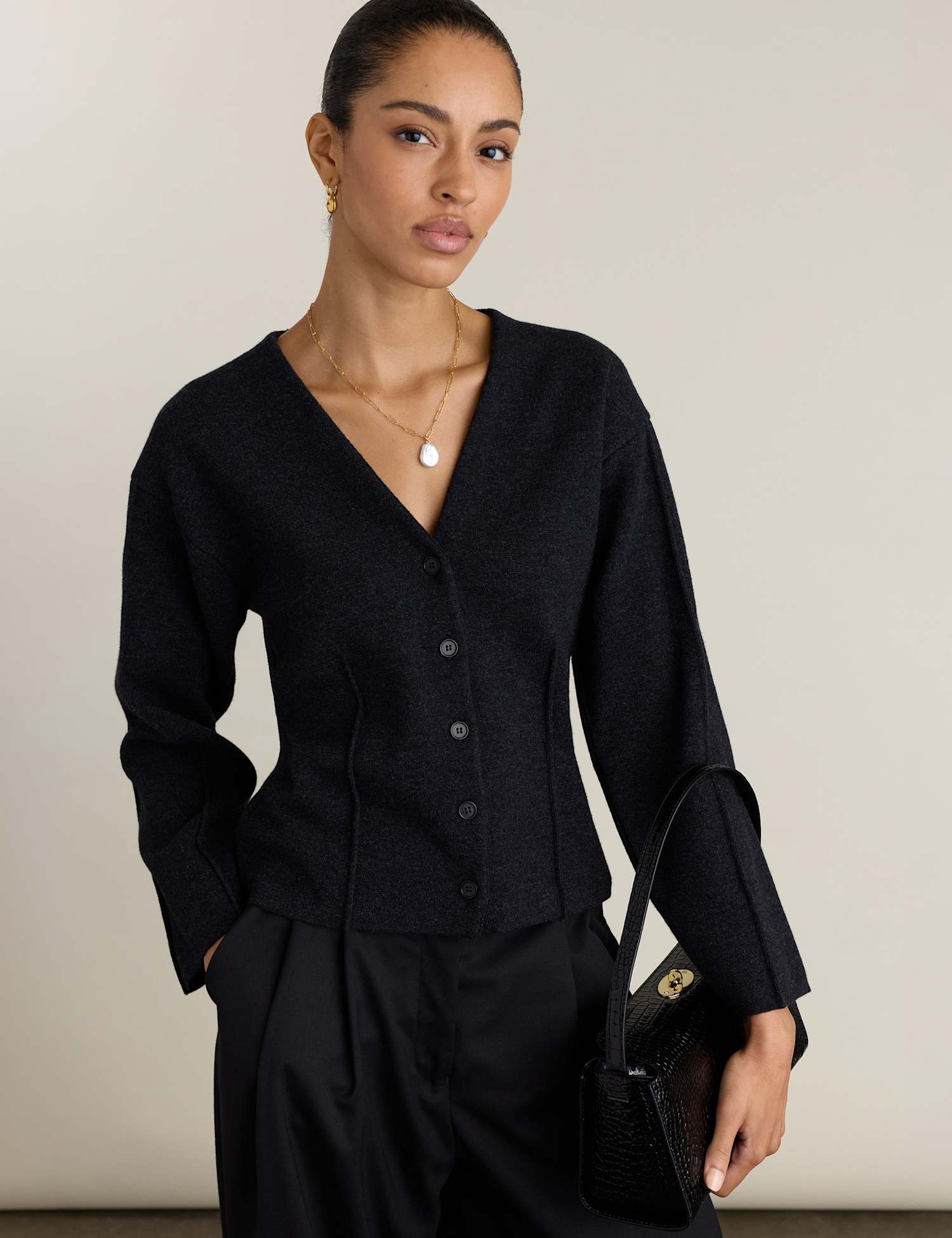 BAUKJEN Wool Rich Waisted Knitted Jacket Grey