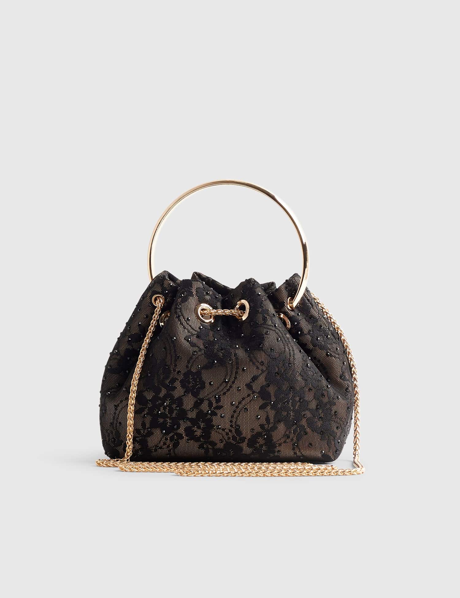 River Island Lace Trim Bucket Clutch Bag Black