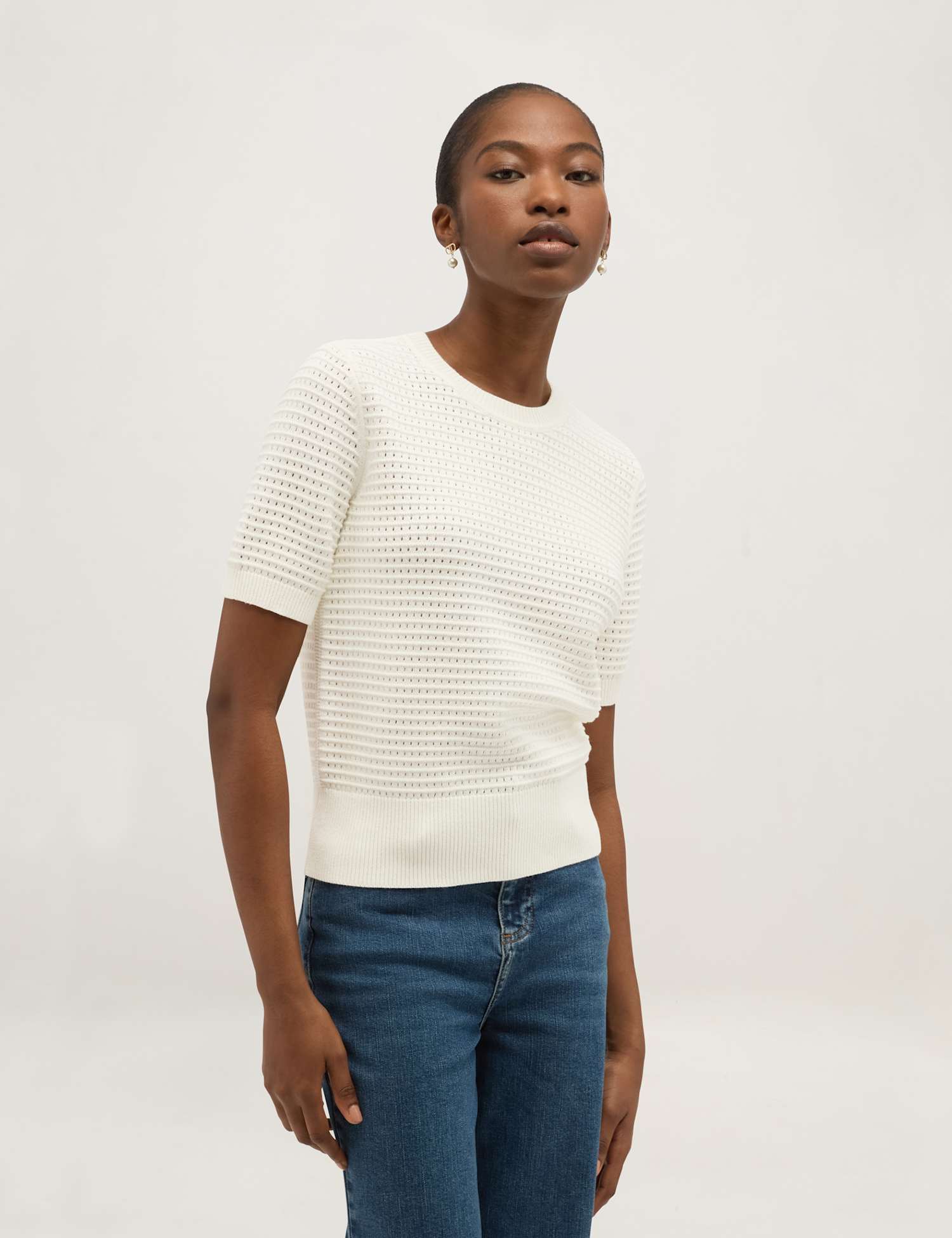 HOBBS Pure Cotton Textured Crew Neck Jumper White