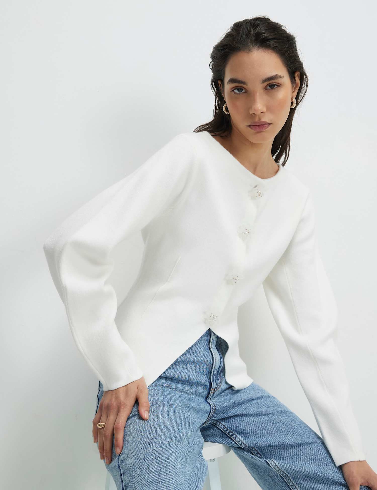 River Island Floral Button Front Cardigan White