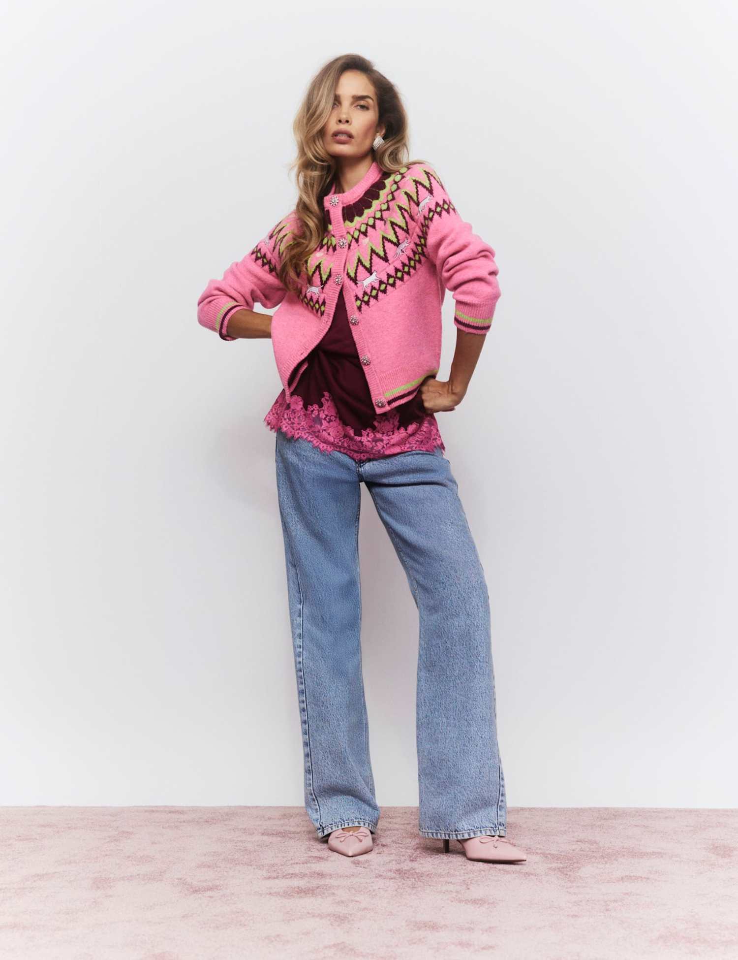 River Island Fair Isle Crew Neck Cardigan with Wool Pink Mix