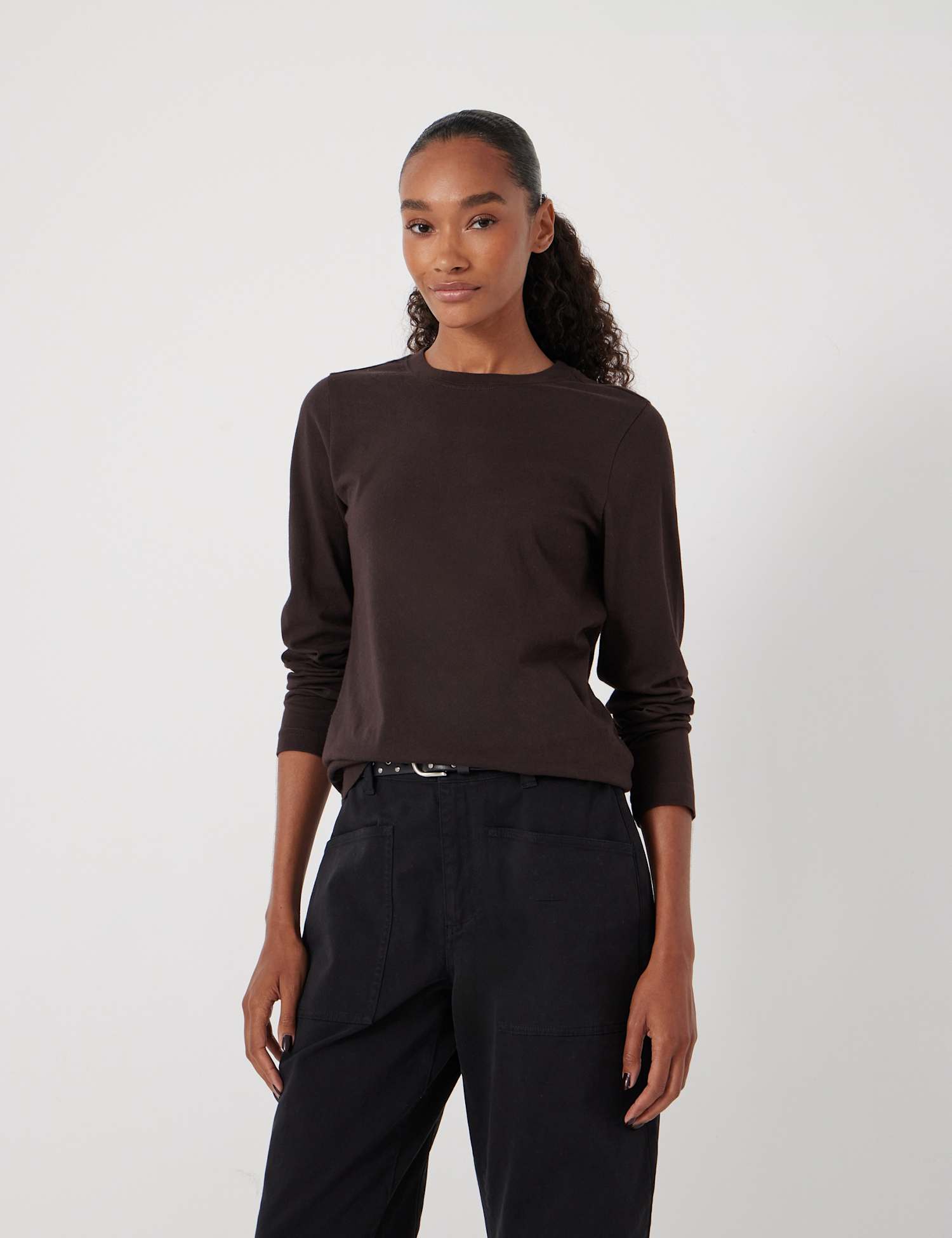 HUSH Pure Cotton Slim Fit Long Sleeve T-Shirt Chocolate