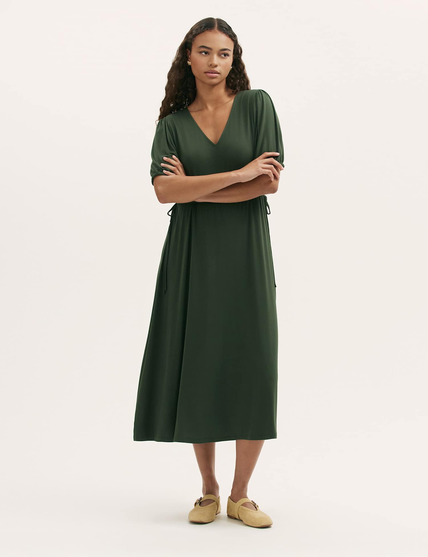 Finery London Jersey V-Neck Midi Waisted Dress Green