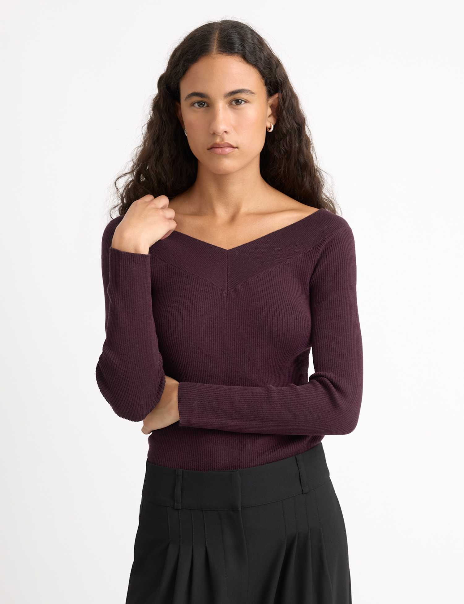 Albaray Ribbed Bardot Top Burgundy