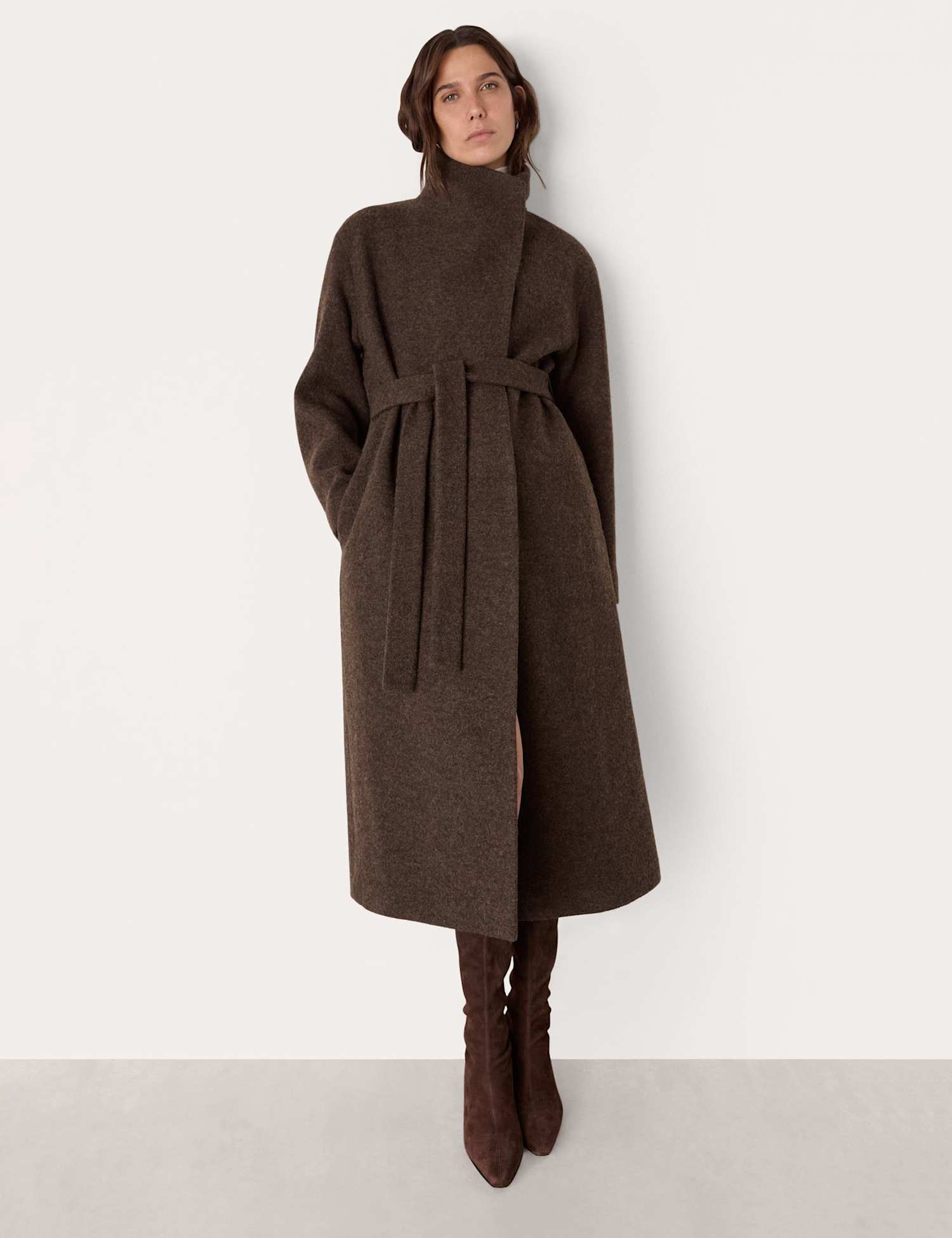 Whistles Morgan Pure Wool Belted Funnel Neck Wrap Coat Taupe