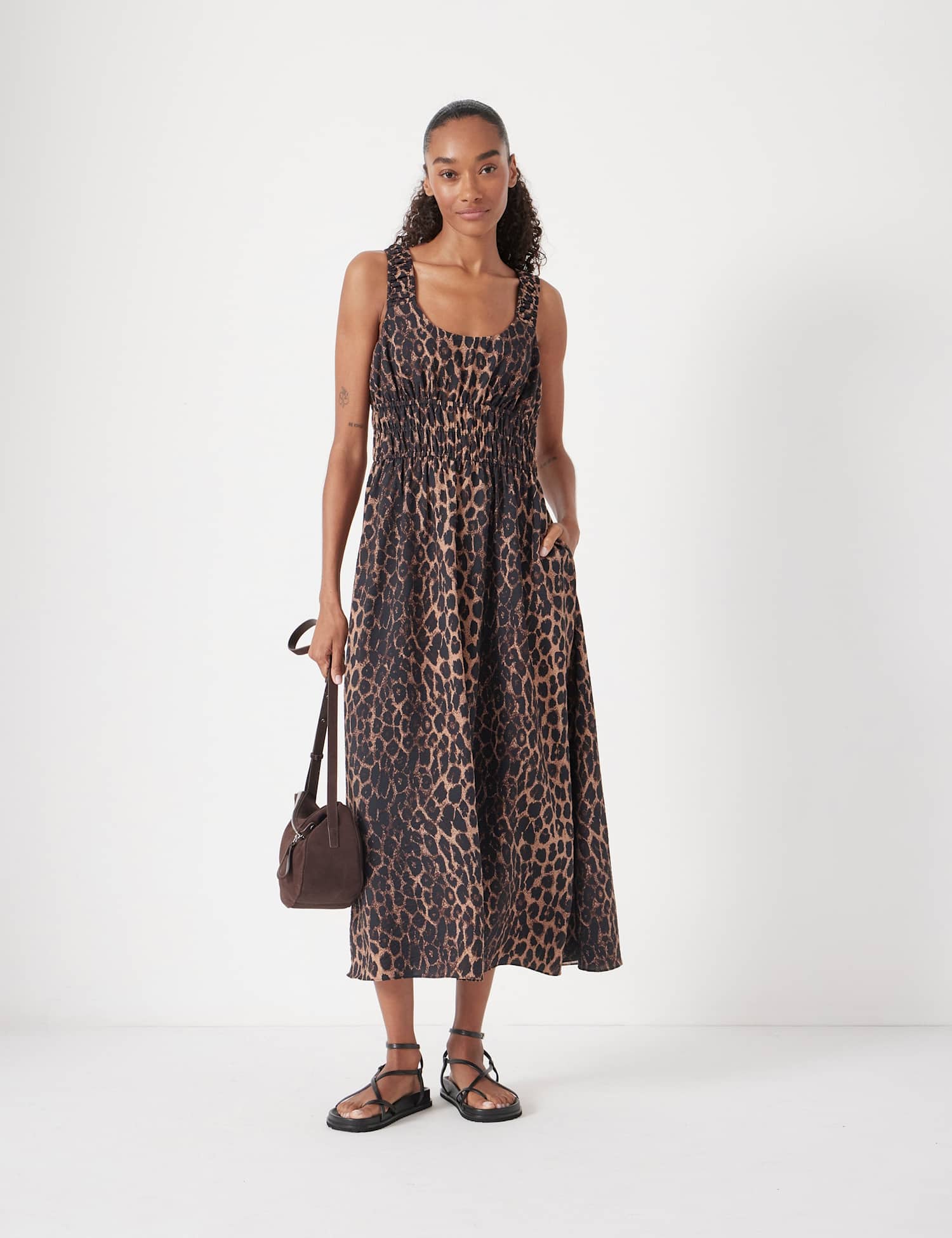 HUSH Leopard Print Scoop Neck Midi Waisted Dress Multi