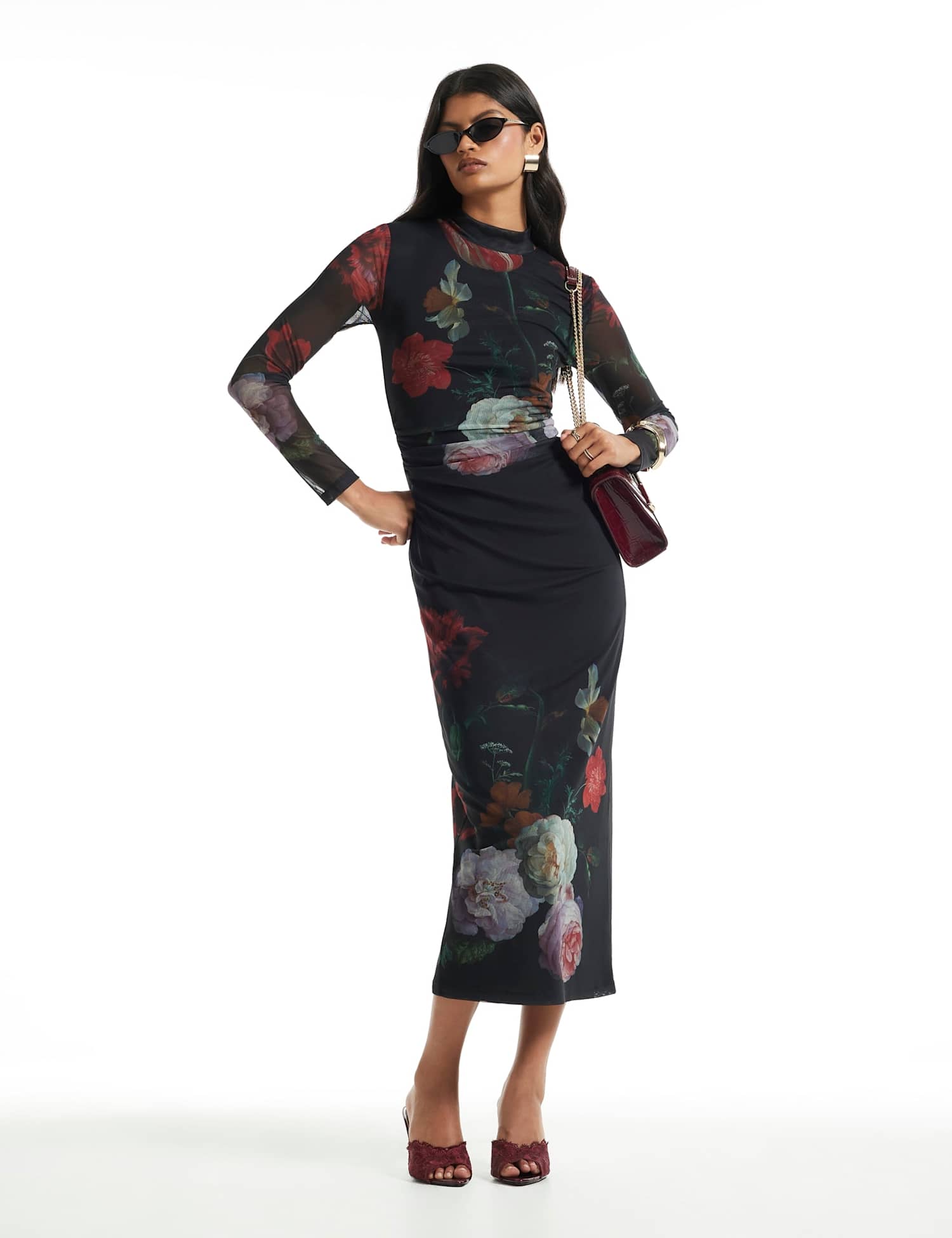 River Island Floral Print High Neck Maxi Dress Black Mix