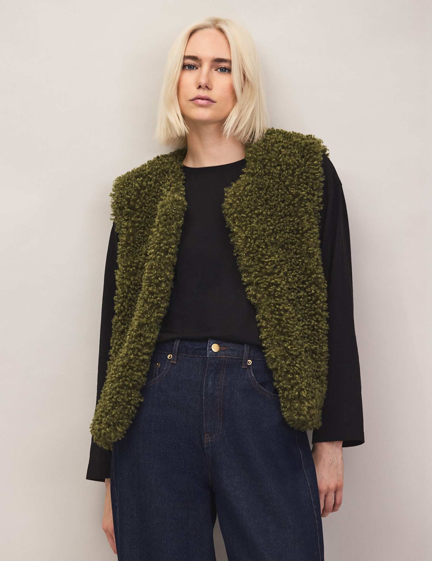 RO&ZO Faux Shearling Open Front Gilet Green