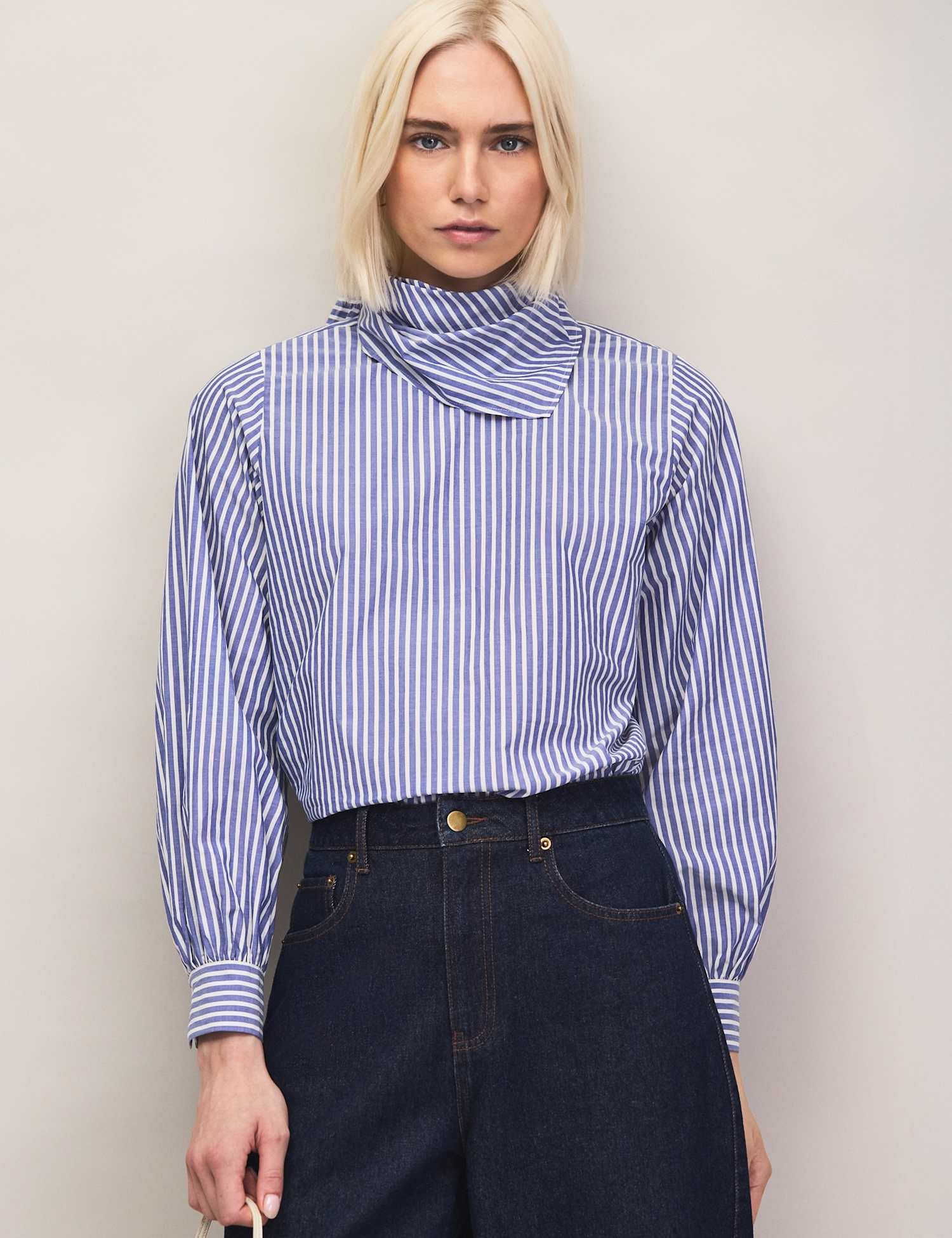 RO&ZO Pure Cotton Striped Scarf Neck Blouse Light Blue Mix