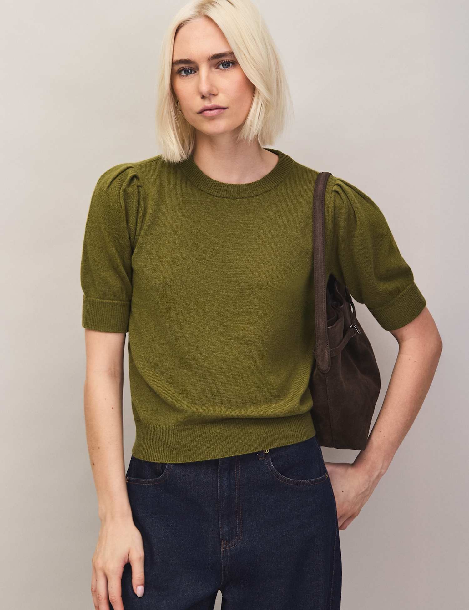RO&ZO Wool & Cashmere Blend Puff Sleeve Jumper Green