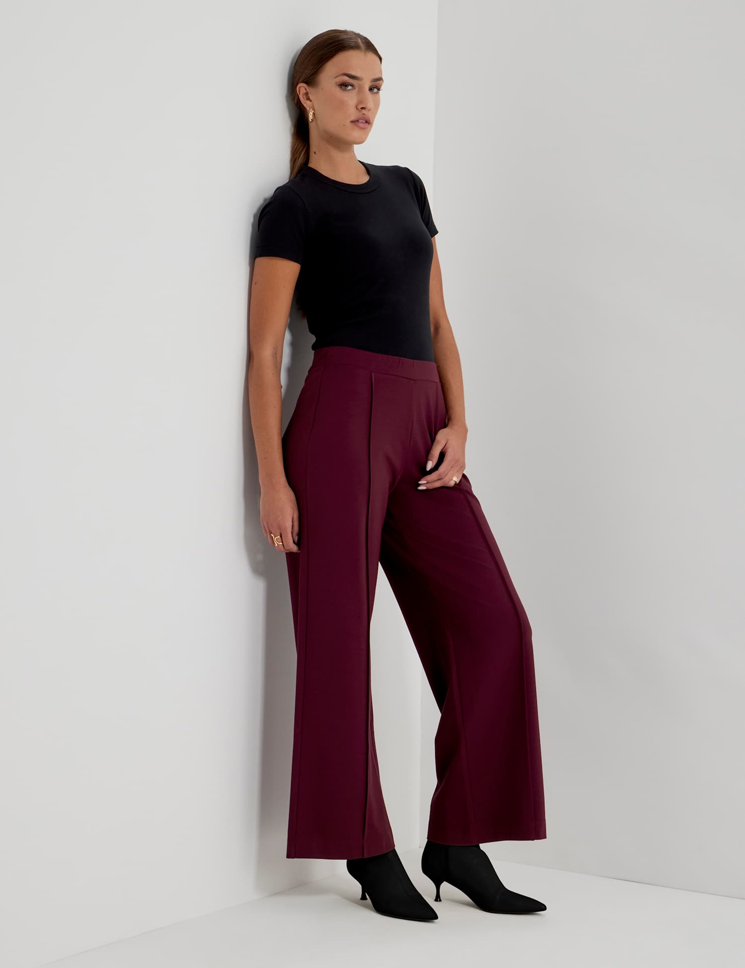 Finery London Jersey Elasticated Waist Wide Leg Trousers Burgundy