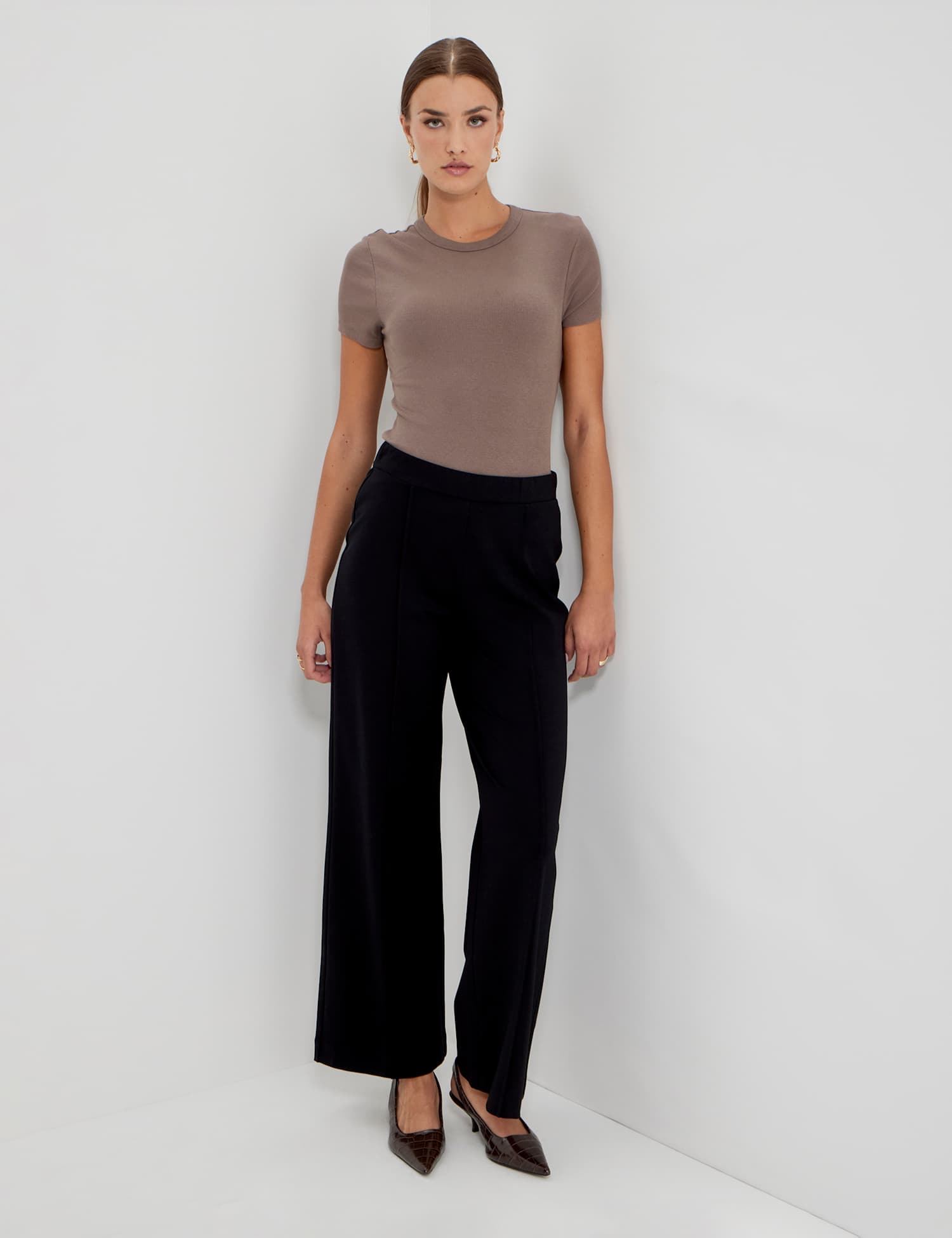 Finery London Jersey Elasticated Waist Wide Leg Trousers Black