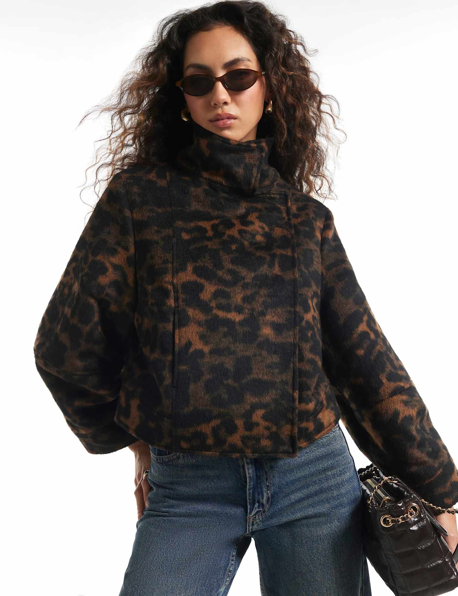 River Island Leopard Print Funnel Neck Oversized Jacket Brown Mix