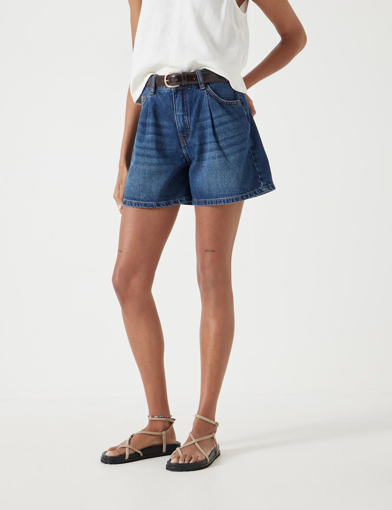 HUSH Denim Pleat Front Shorts Blue Denim
