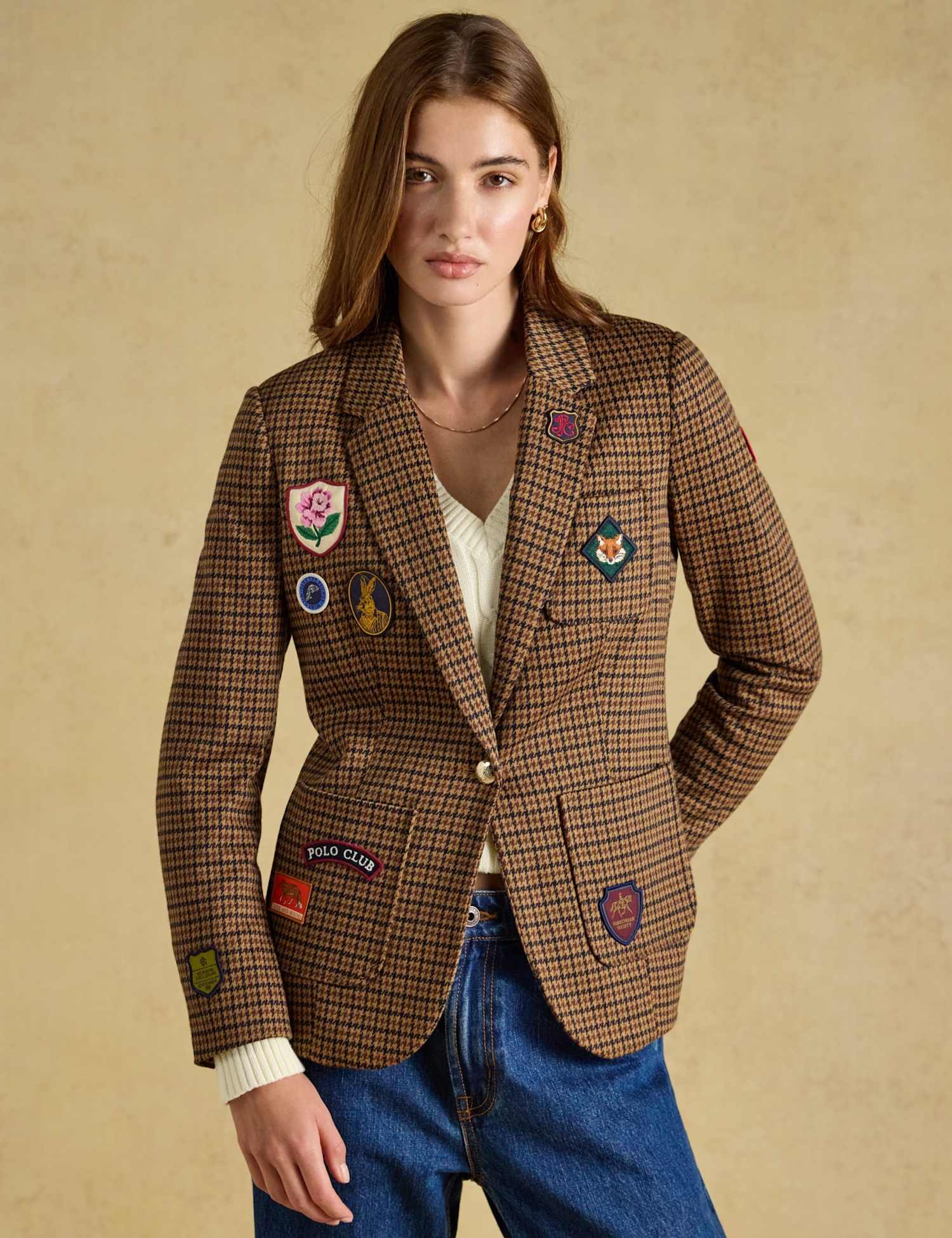 Joules Tweed Herringbone Blazer Brown Mix
