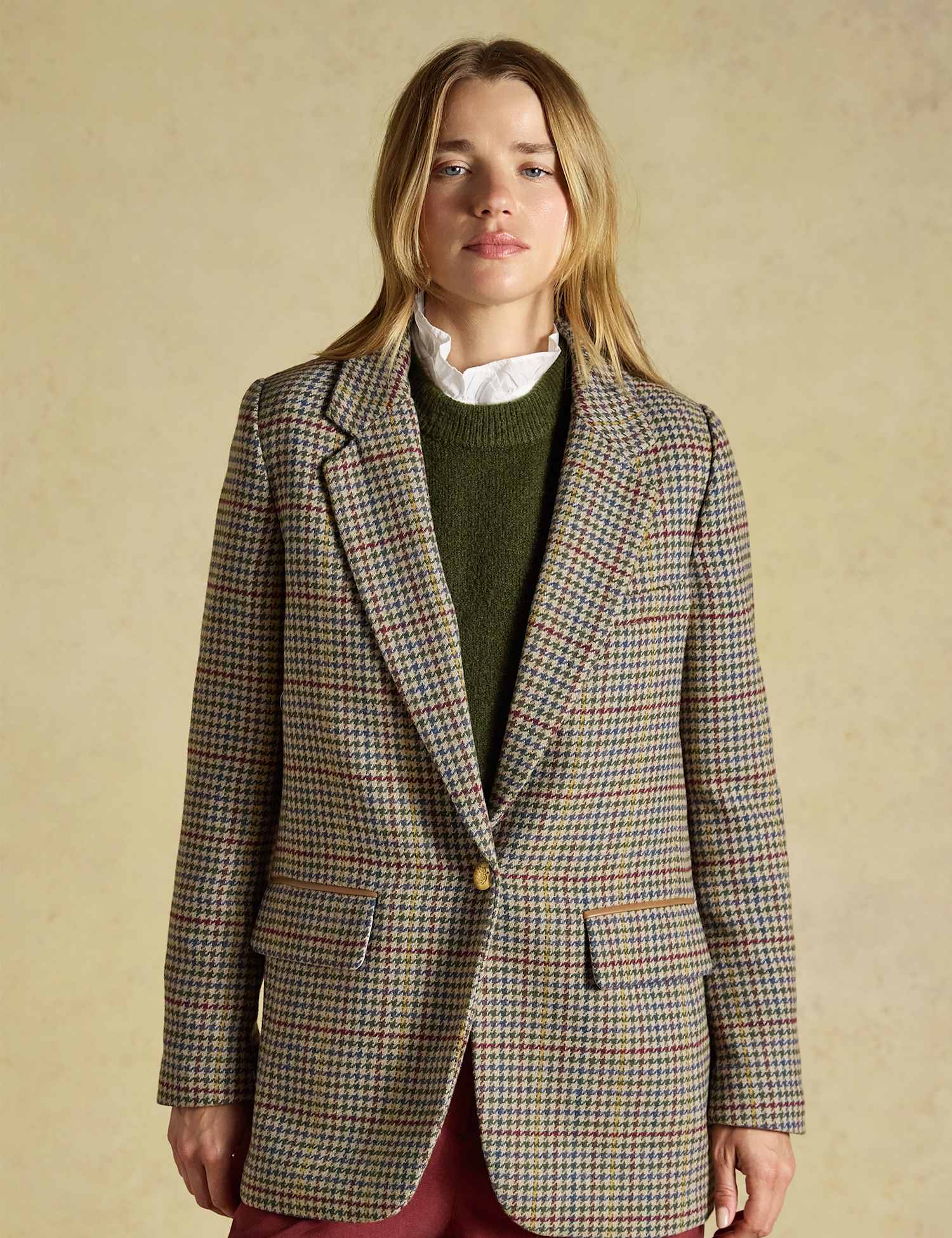 Joules Tweed Relaxed Fit Blazer with Wool Brown Mix