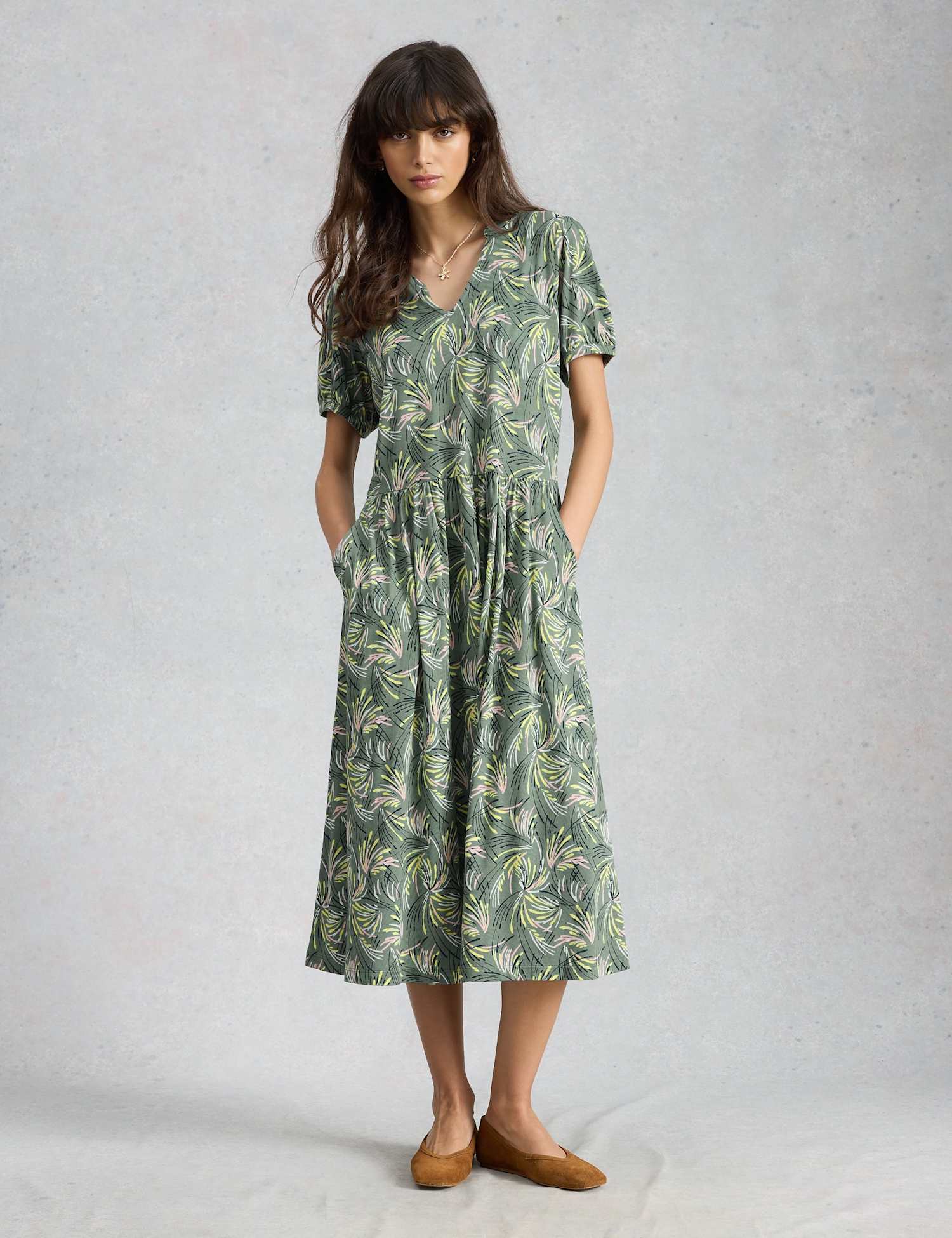 White Stuff Jersey Floral Midi Waisted Dress Green Mix