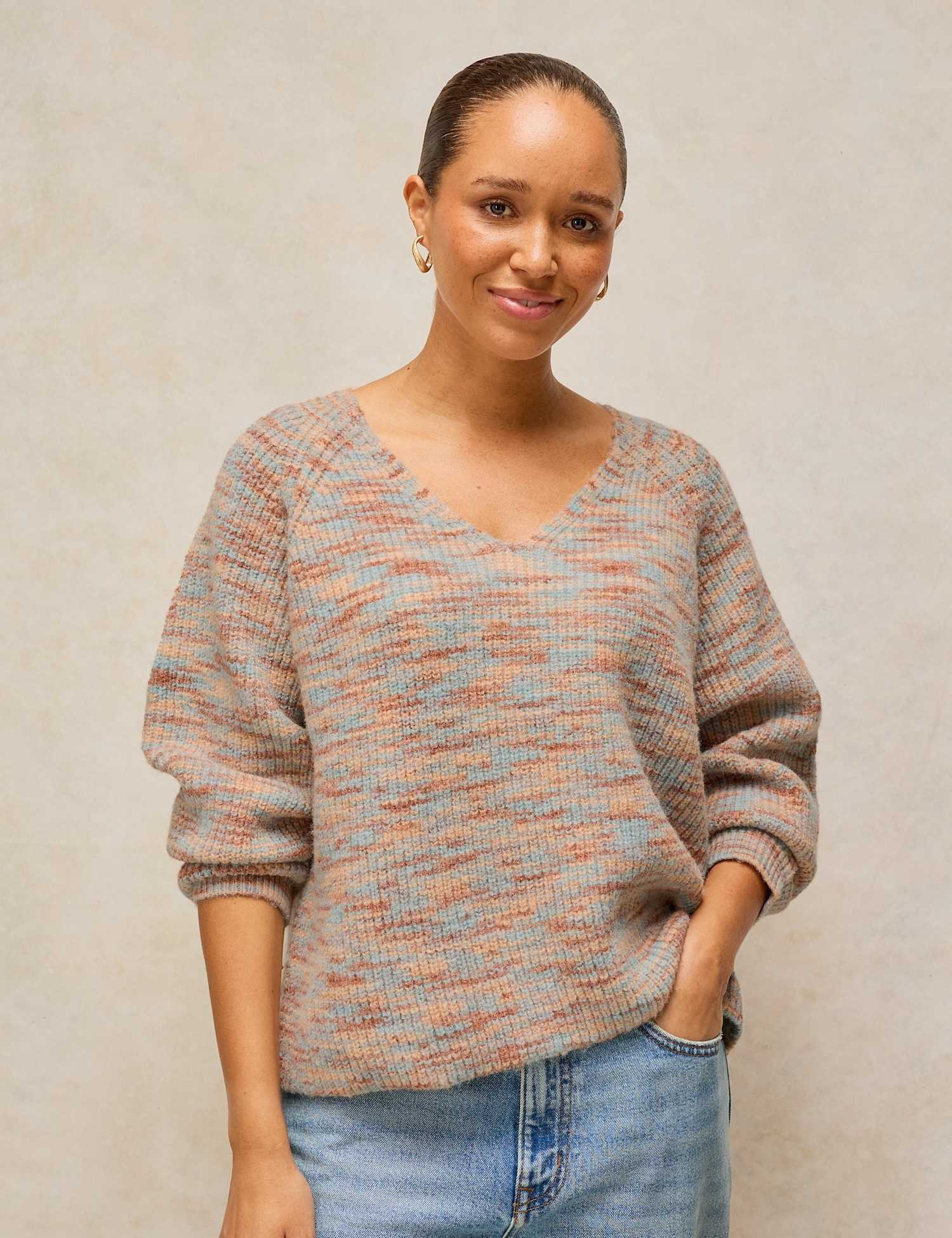 White Stuff Spacedye V-Neck Jumper with Wool Natural Mix