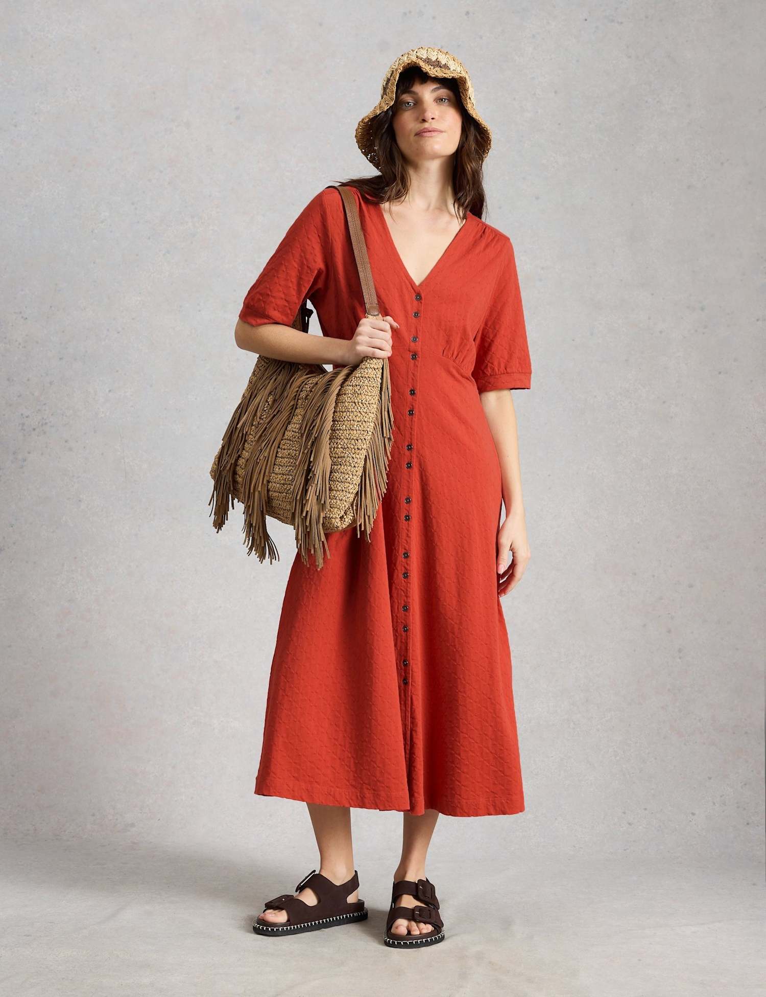 White Stuff Pure Cotton Jersey Midi Waisted Dress Red