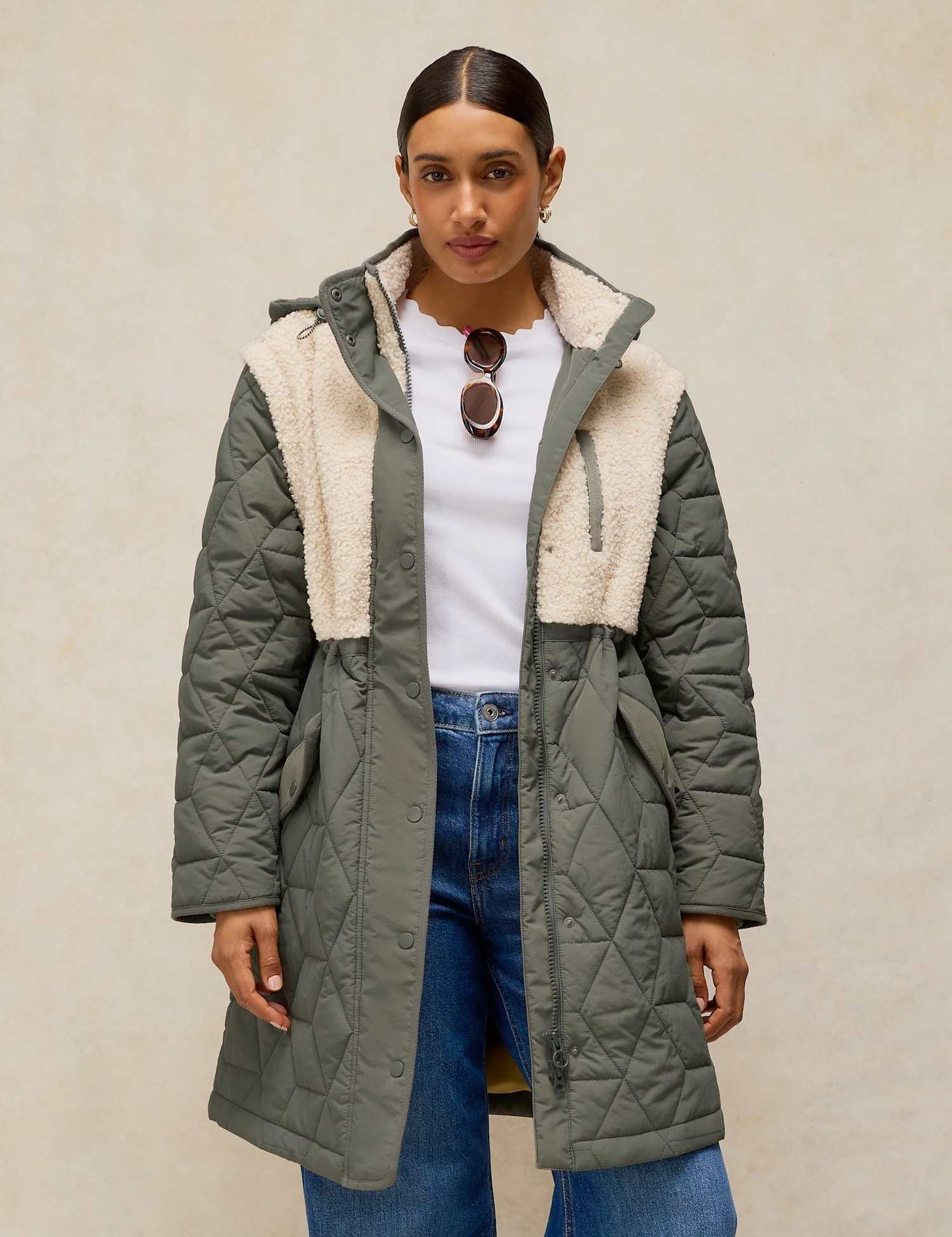 White Stuff Borg Quilted Hooded Multiway Puffer Jacket Khaki
