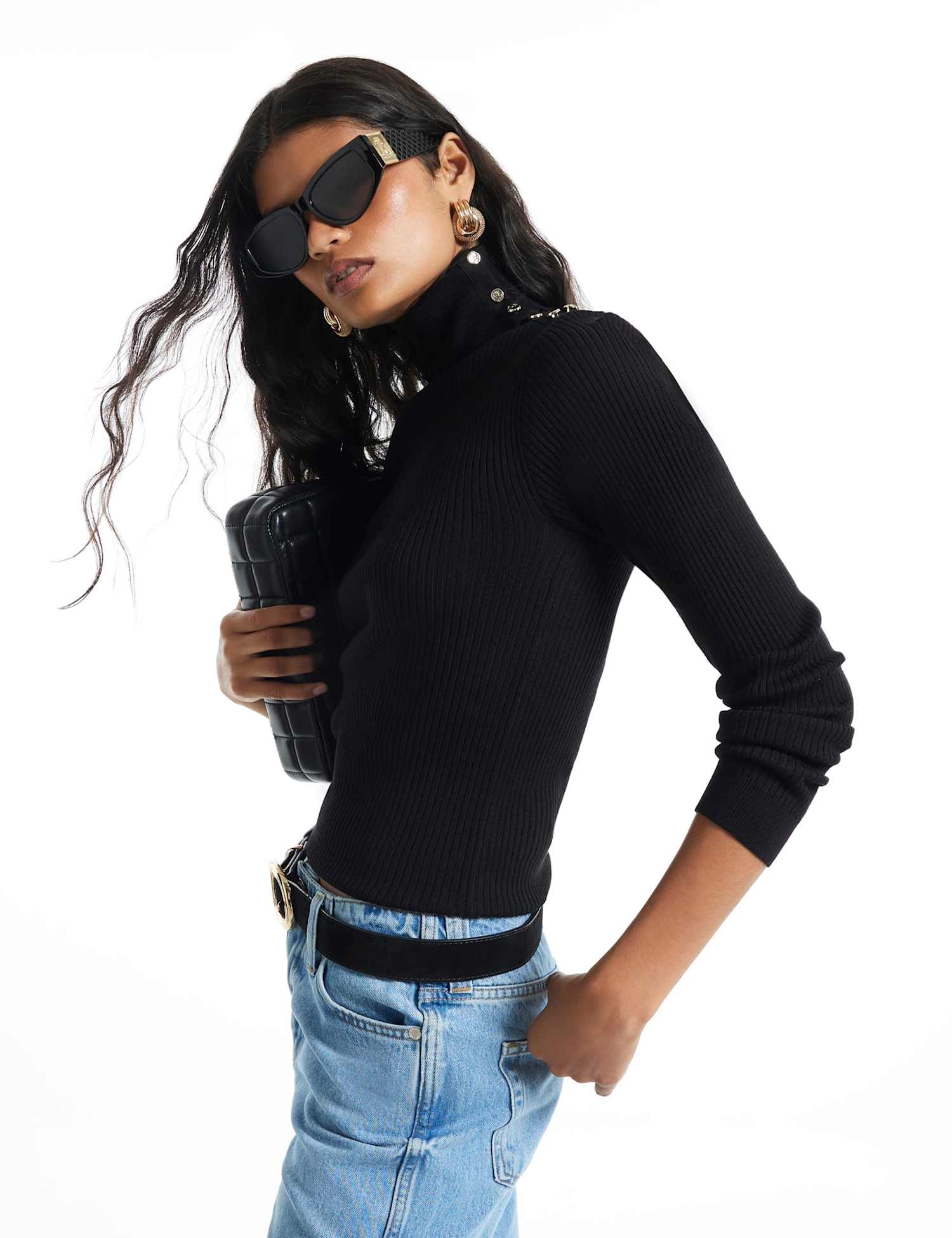 River Island Ribbed Roll Neck Fitted Top Black