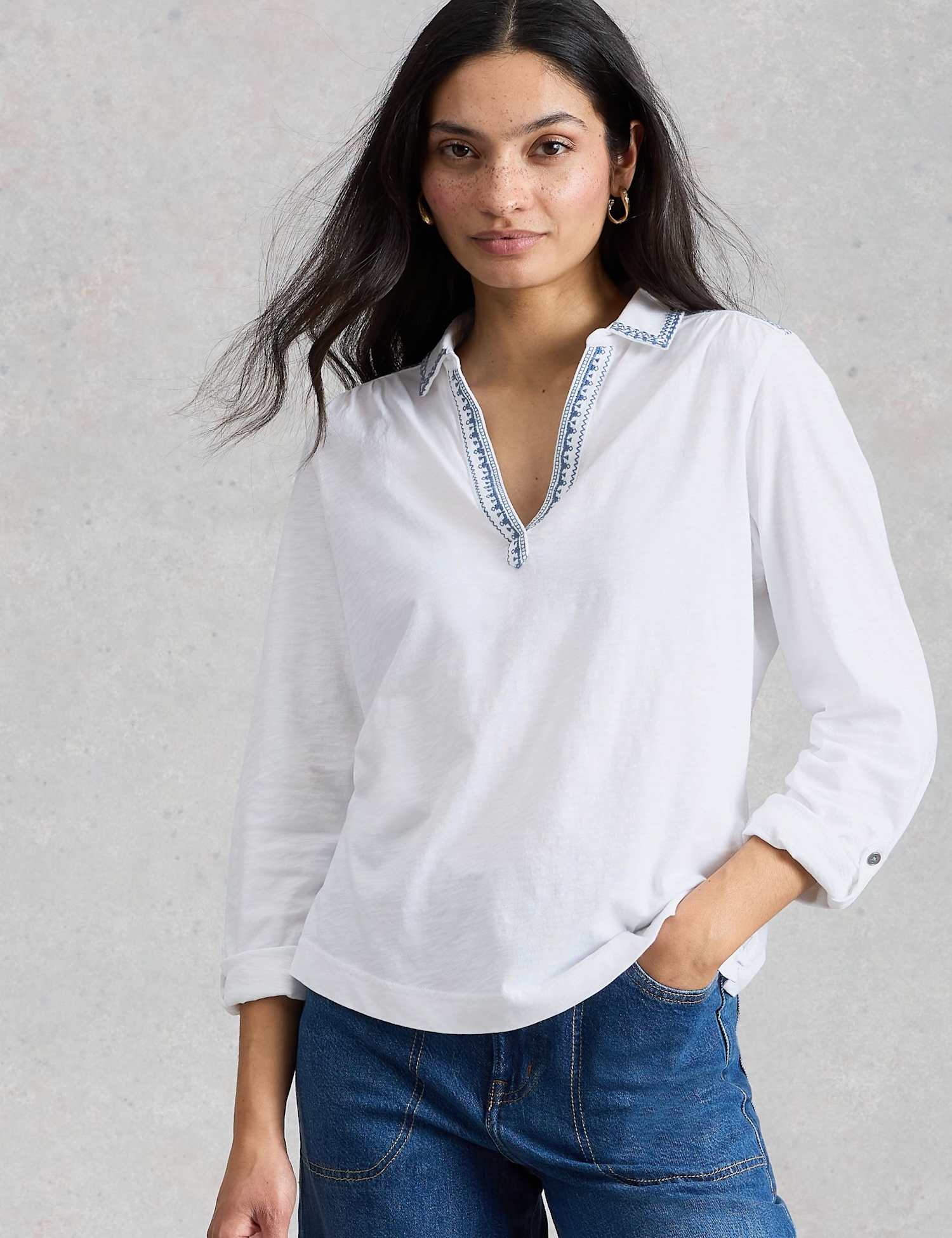 White Stuff Jersey Embroidered V-Neck Collared Shirt White Mix