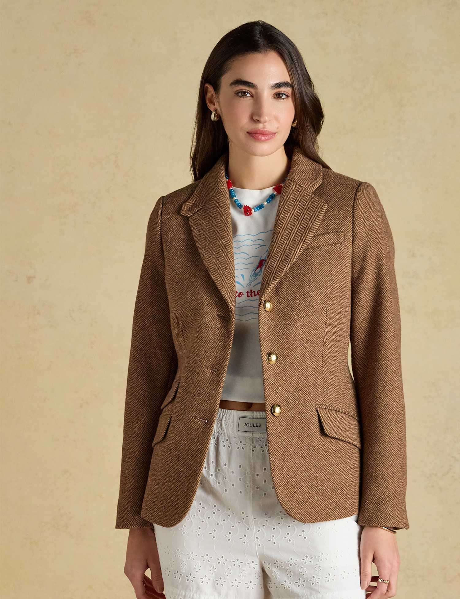 Joules Wool Blend Tweed Herringbone Blazer Brown Mix