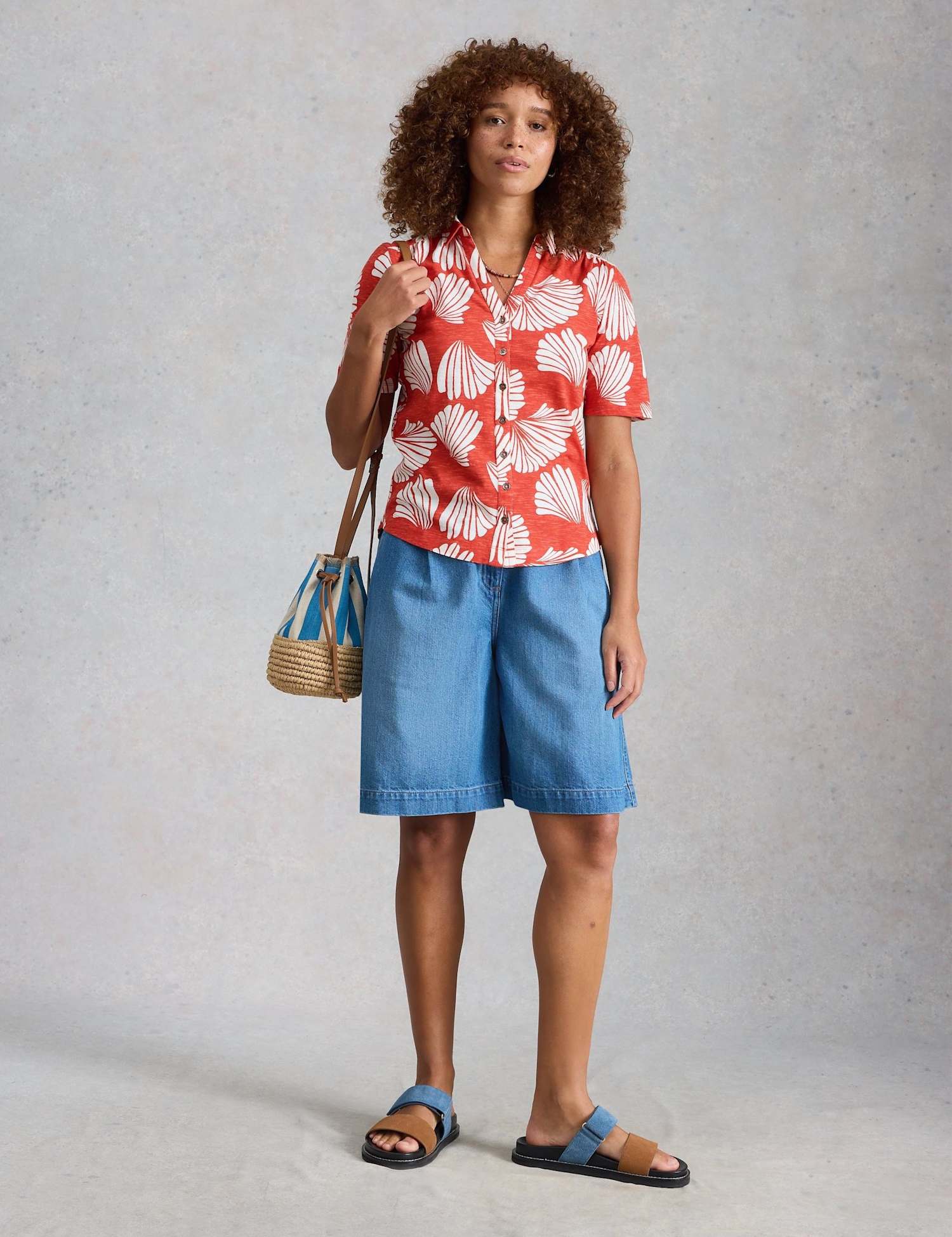 White Stuff Jersey Floral Collared Shirt Red Mix