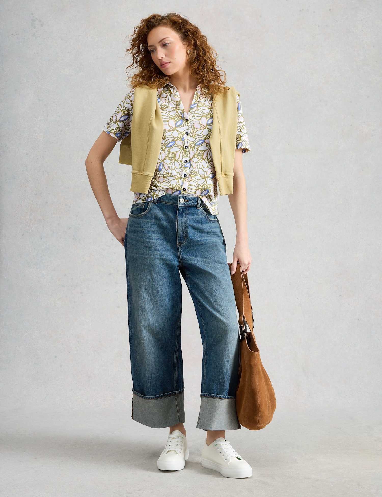 White Stuff Jersey Floral Collared Shirt Green Mix
