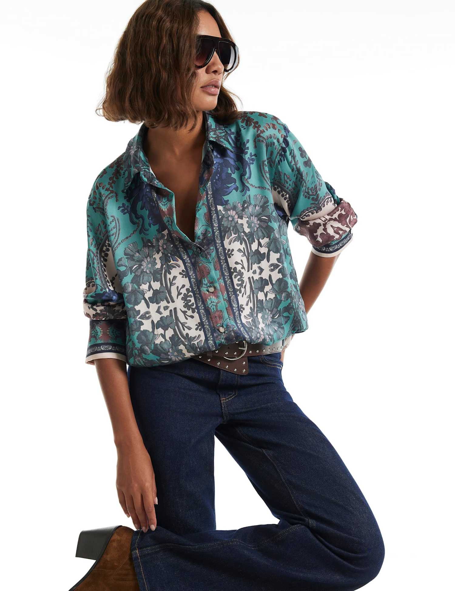 River Island Printed Collared Oversized Shirt Blue Mix