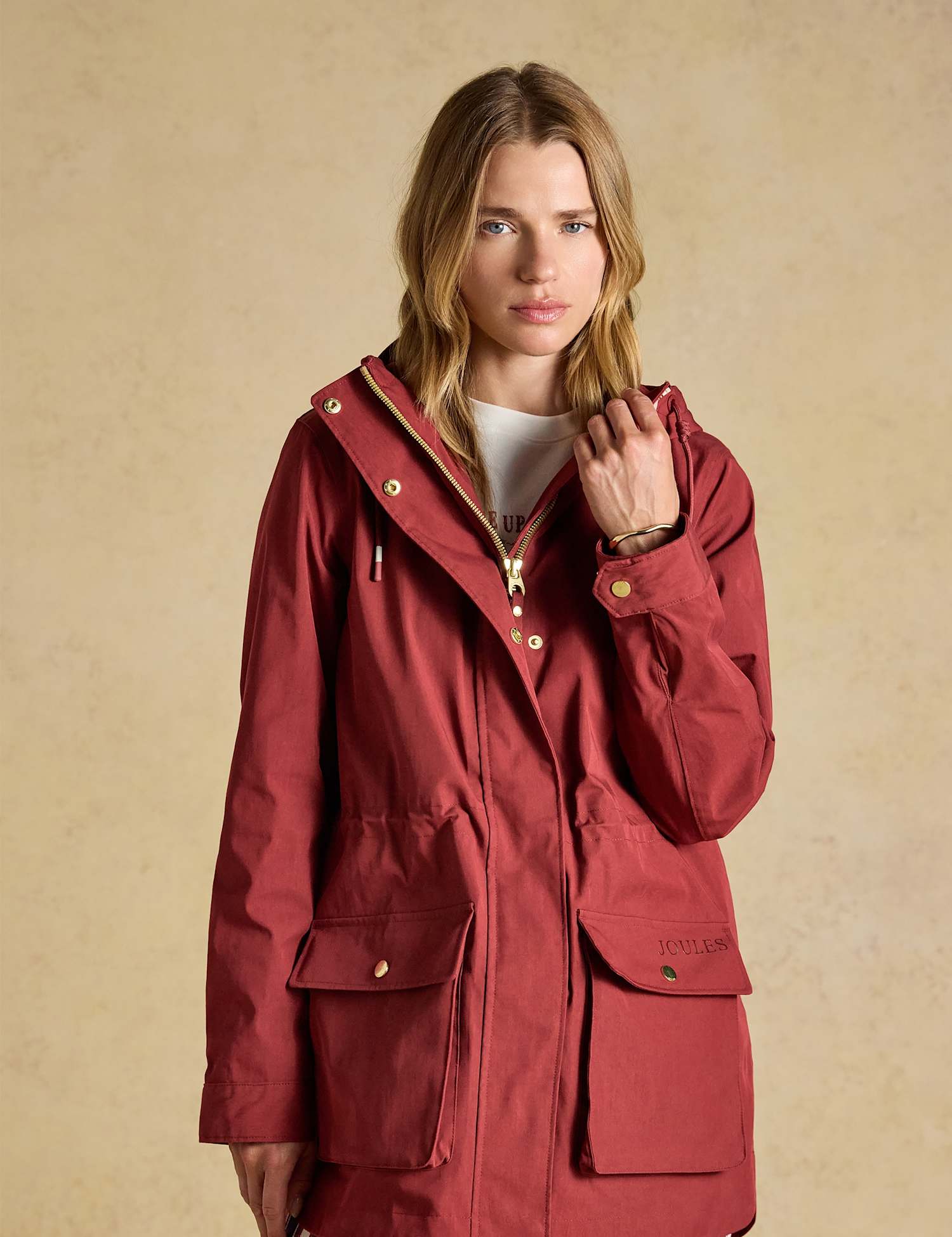 Joules Waterproof Hooded Longline Raincoat Burgundy