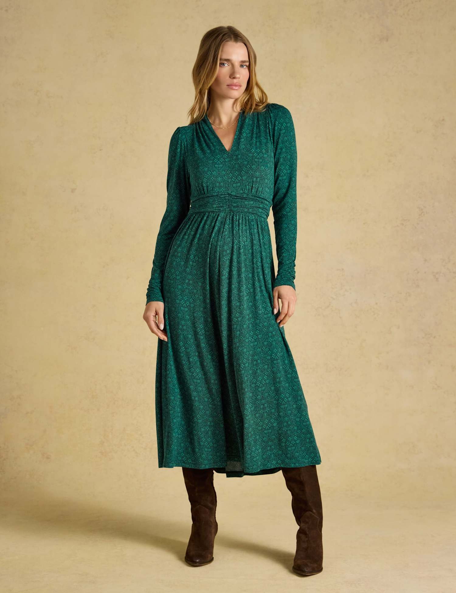 Joules Jersey Floral V-Neck Midi Skater Dress Green Mix