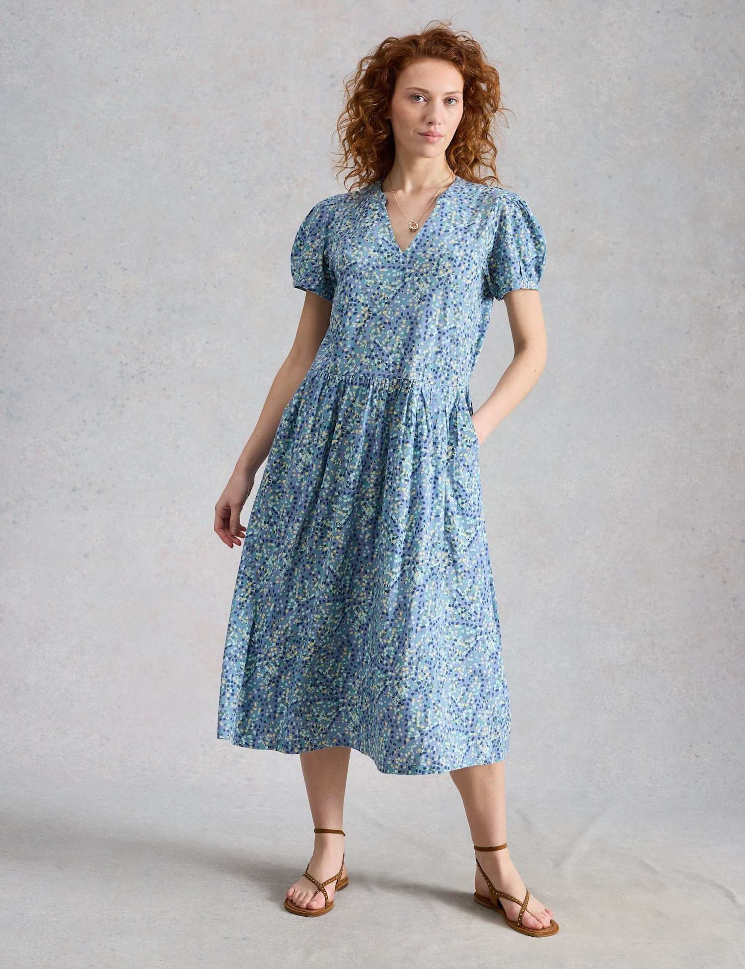 White Stuff Cotton Blend Printed Midi Waisted Dress Blue Mix
