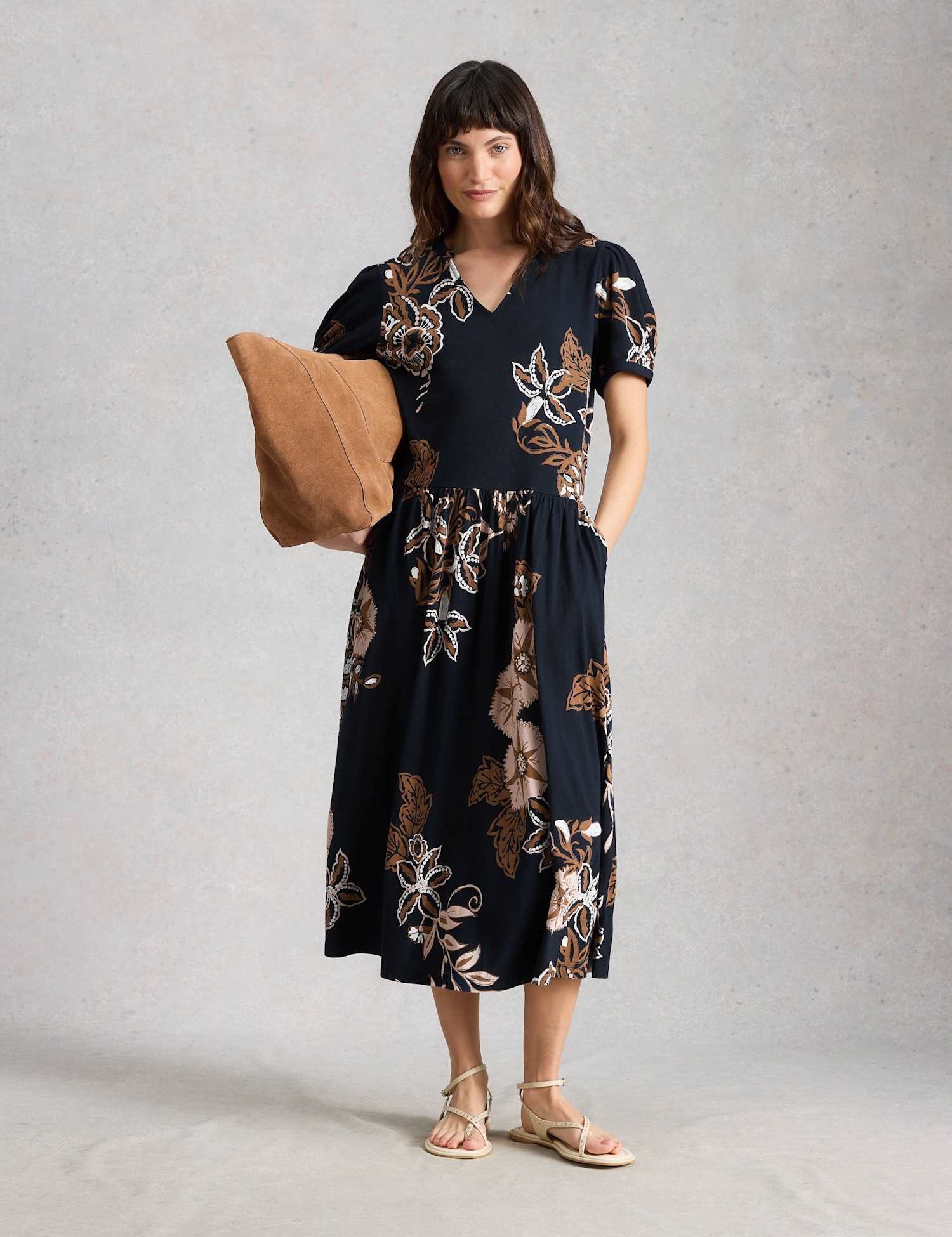 White Stuff Cotton Blend Printed Midi Waisted Dress Navy Mix
