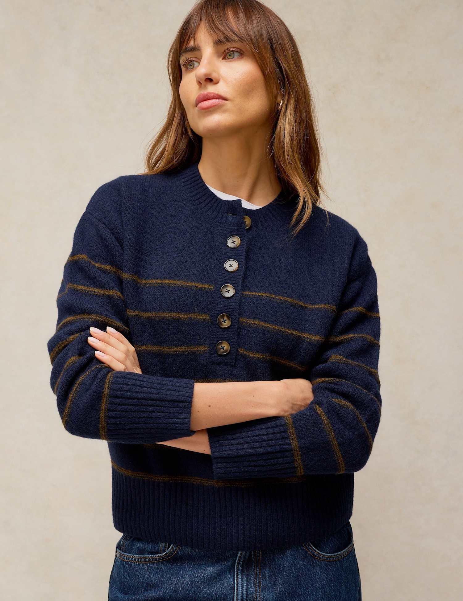 White Stuff Striped Henley Jumper Navy Mix