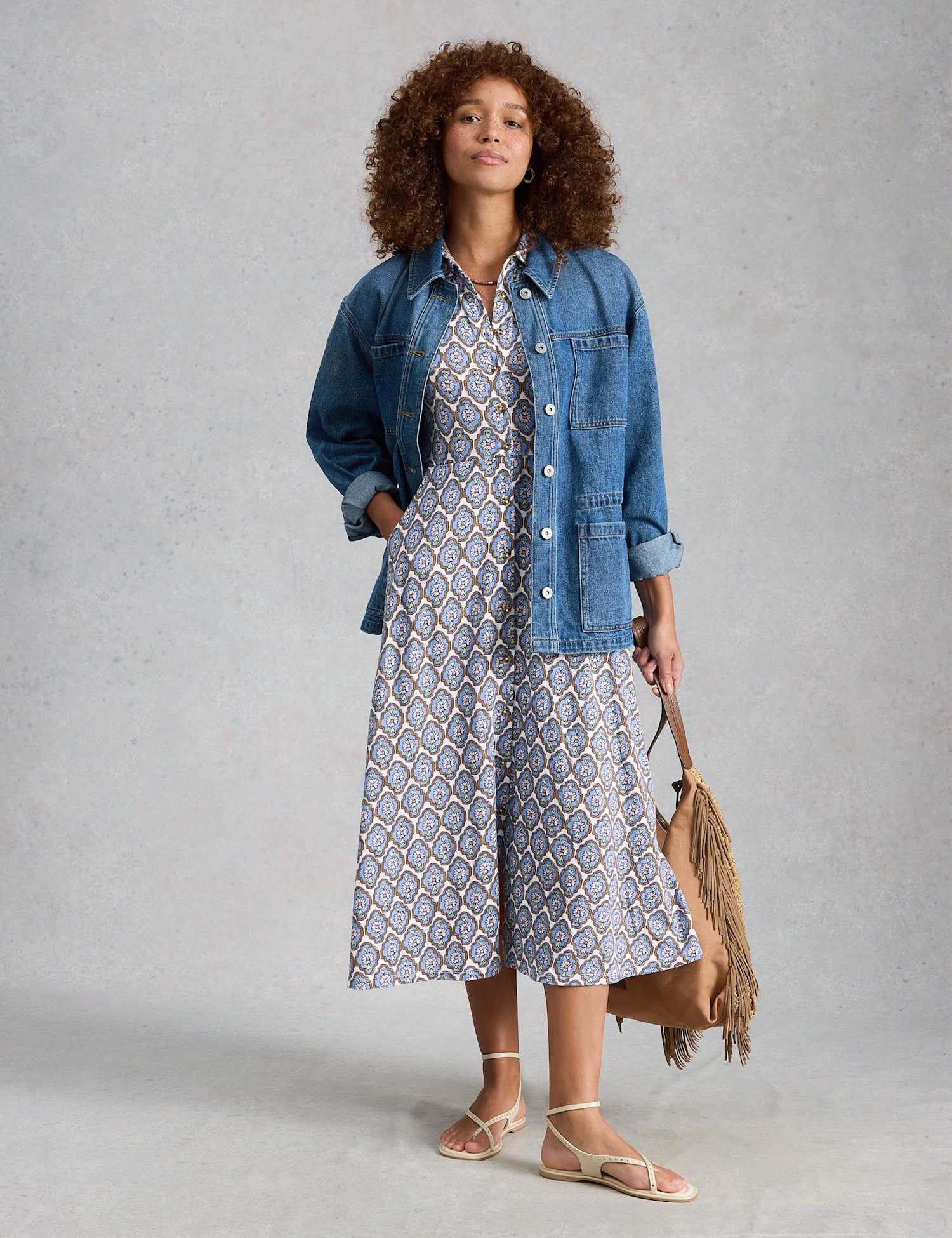 White Stuff Jersey Floral Collared Midi Shirt Dress Blue Mix